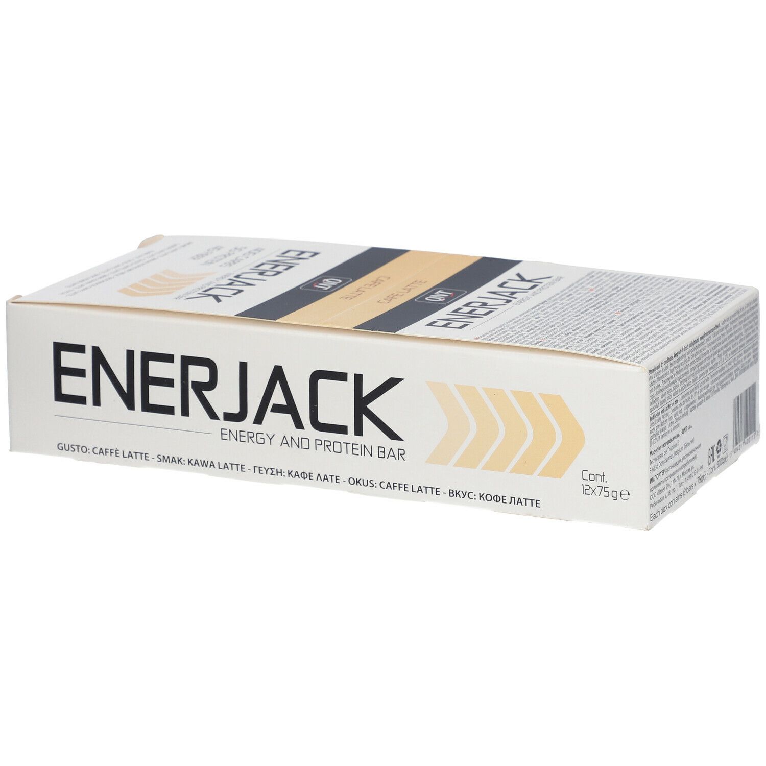 QNT Enerjack-Kaffee Latte Box mit 12 Riegeln. Aufschrift 'Energy and Protein Bar'. Geschmack: Kaffee Latte.