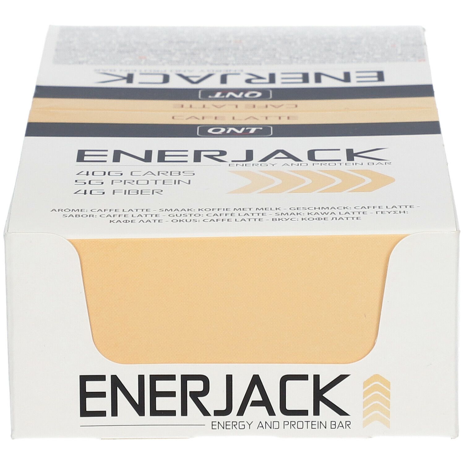 QNT Enerjack-Kaffee Latte Box, geöffnet. Enthält 12 Riegel. Aufschrift 'Energy and Protein Bar'. Nährwertangaben sichtbar.
