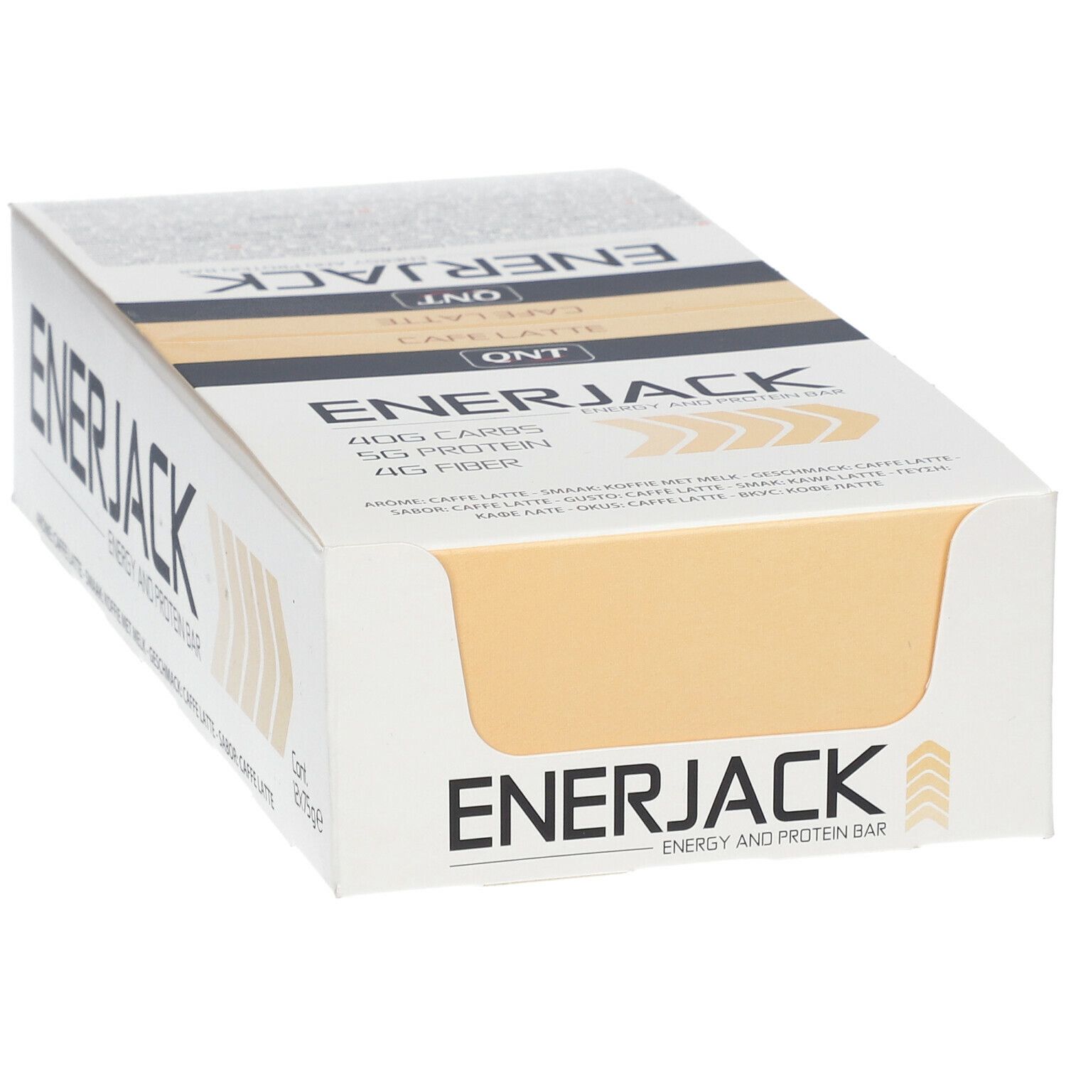 QNT Enerjack-Kaffee Latte Box, geöffnet. Enthält 12 Riegel. Aufschrift 'Energy and Protein Bar'. Nährwertangaben sichtbar.