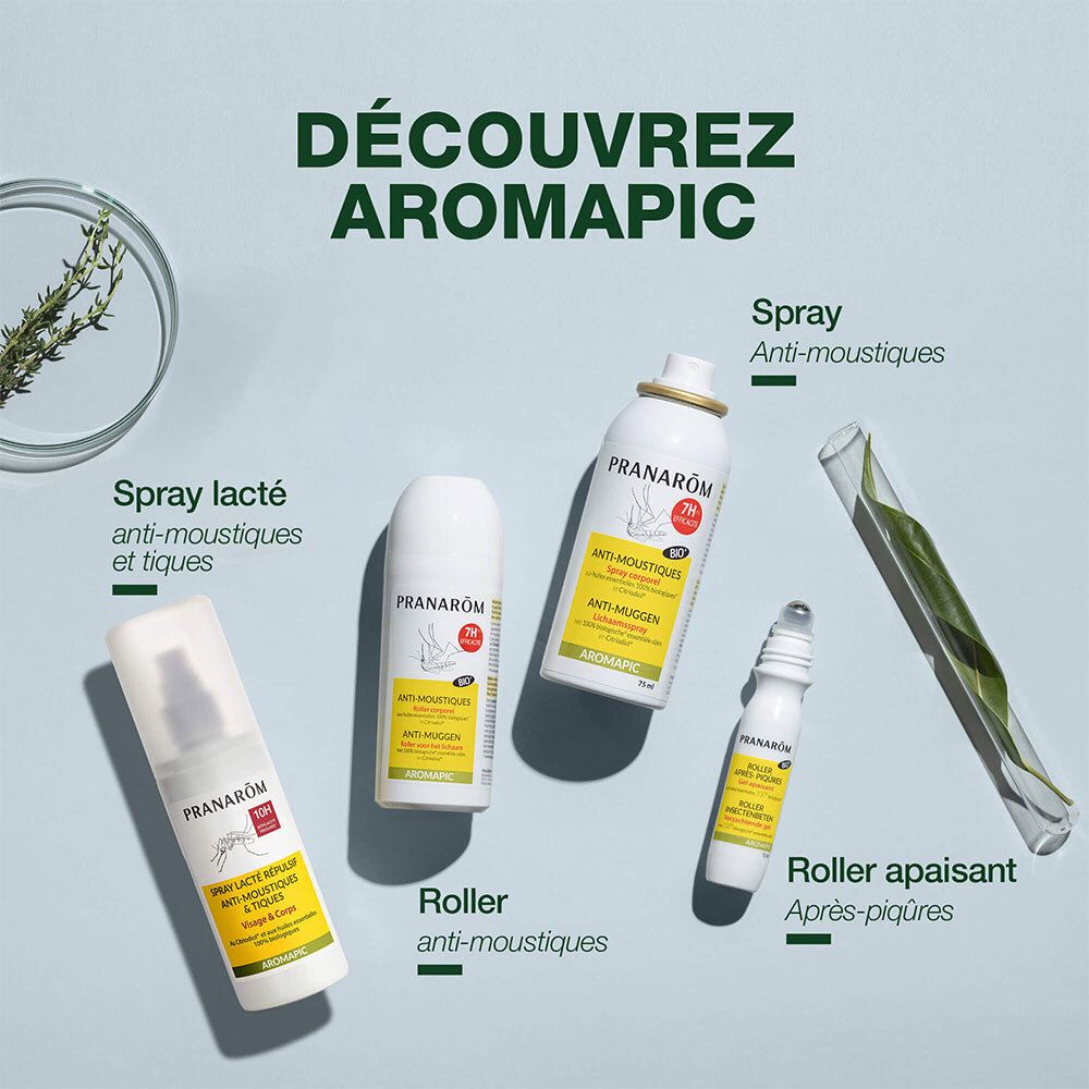 Verschiedene Aromapic-Produkte: Spray, Roller, Spray lacté, Roller après-piqûres.