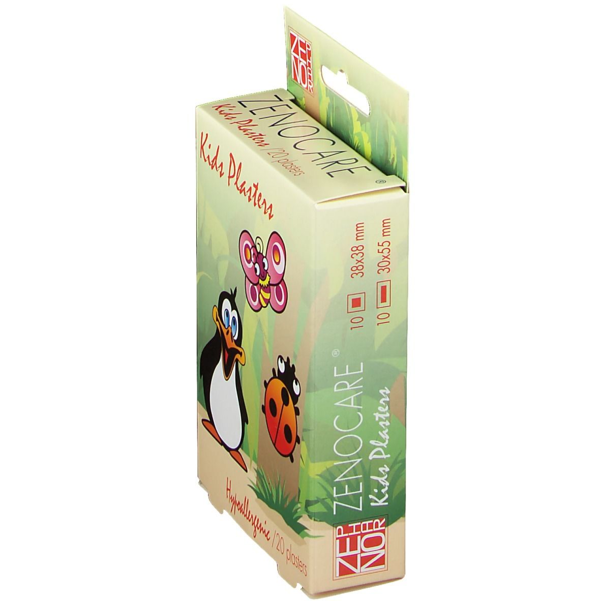 Seitenansicht der Verpackung mit Kinderpflastern. Text: Kids Plasters, 38x38 mm, 30x55 mm. Illustrationen: Pinguin, Schmetterling, Marienkäfer.