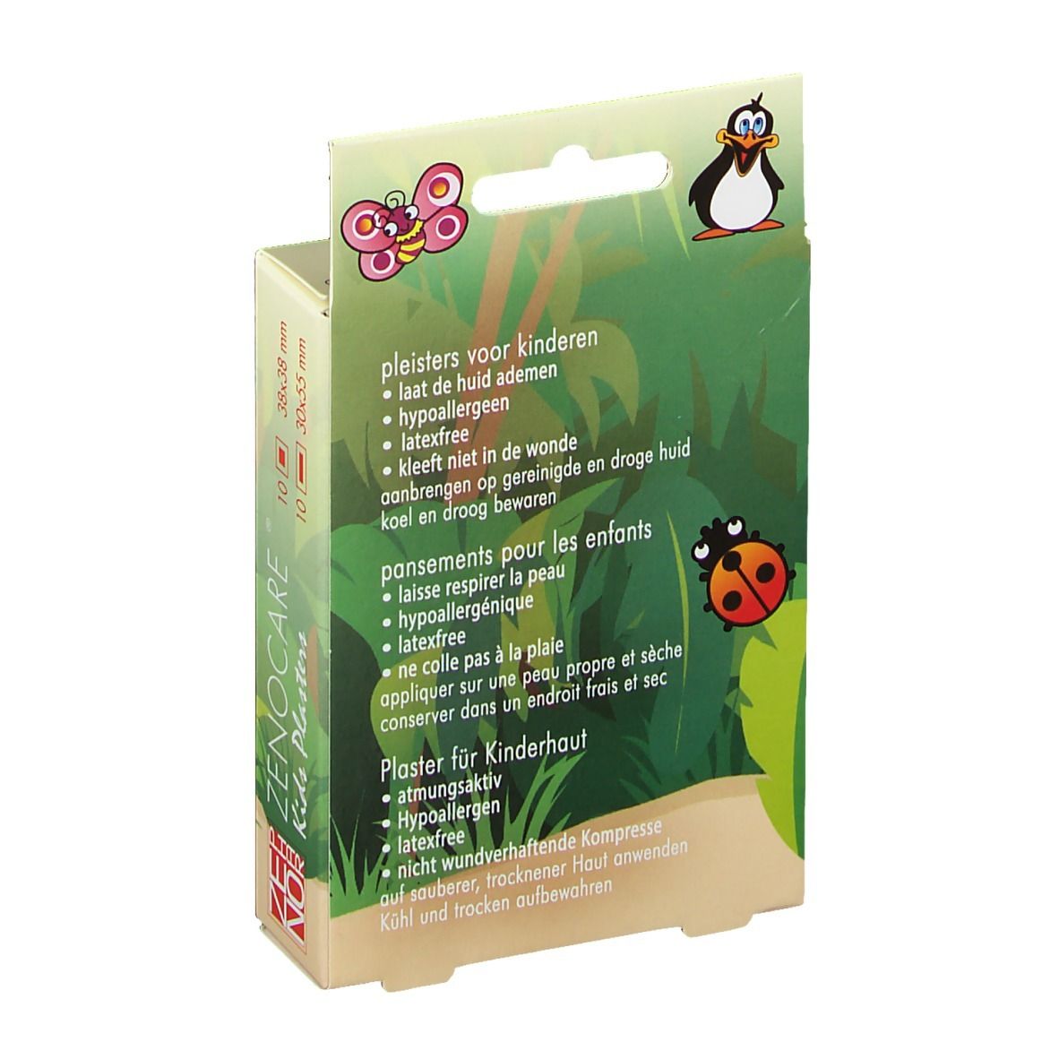 Rückseite der Verpackung mit Kinderpflastern. Text: pleisters voor kinderen, pansaments pour les enfants, Pflaster für Kinderhaut.