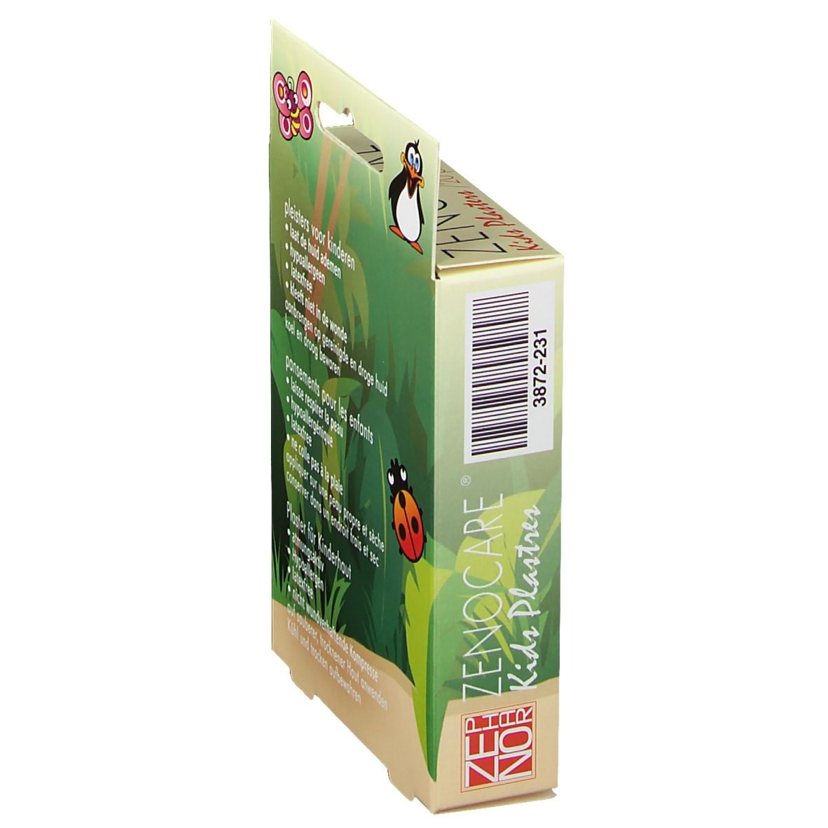 Seitenansicht der Verpackung mit Kinderpflastern. Text: ZENO, Kids Plasters, 3872-231. Illustrationen: Pinguin, Schmetterling, Marienkäfer.