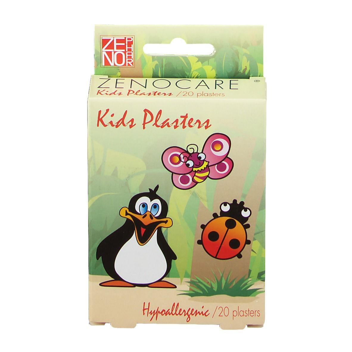 Verpackung mit Kinderpflastern. Illustrationen: Pinguin, Schmetterling, Marienkäfer. Text: Kids Plasters, Hypoallergenic /20 plasters.