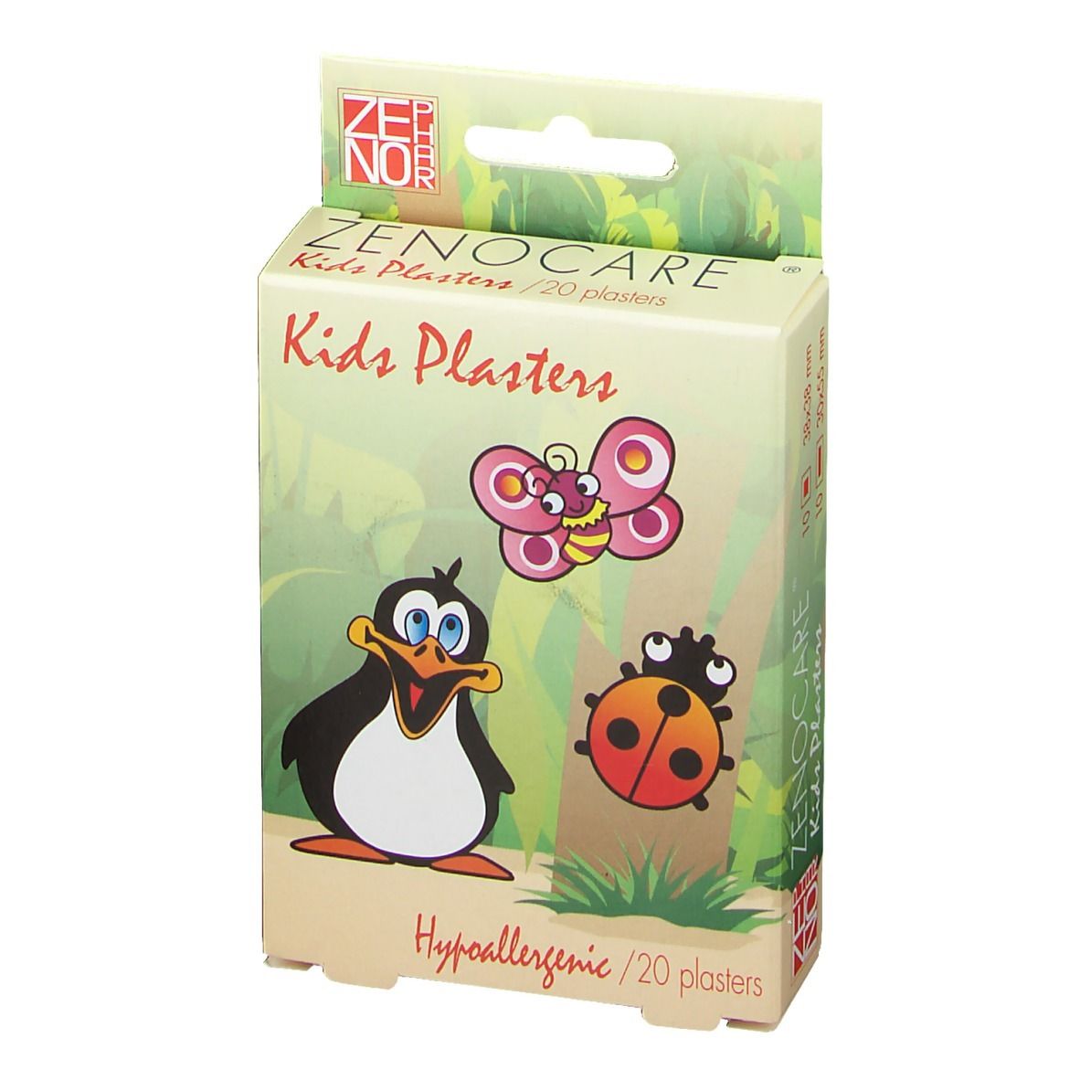 Verpackung mit Kinderpflastern. Illustrationen: Pinguin, Schmetterling, Marienkäfer. Text: Kids Plasters, Hypoallergenic /20 plasters.