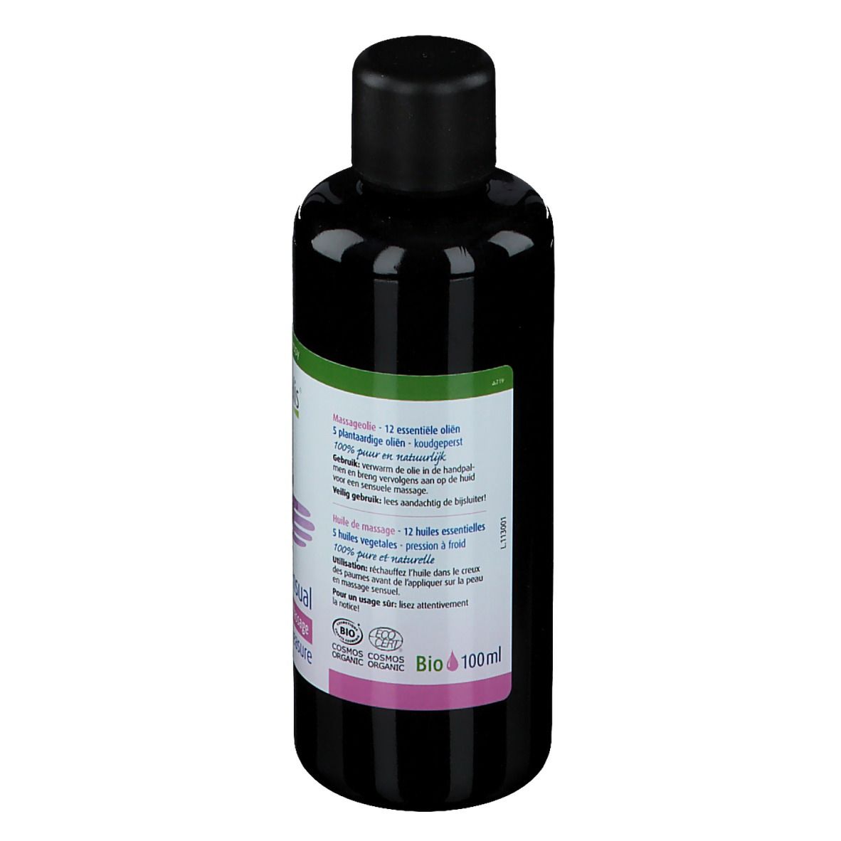 Rückseite der Flasche. Etikett mit Inhaltsstoffen und Informationen. Bio-Zertifizierung. Schwarze Flasche mit schwarzem Deckel.