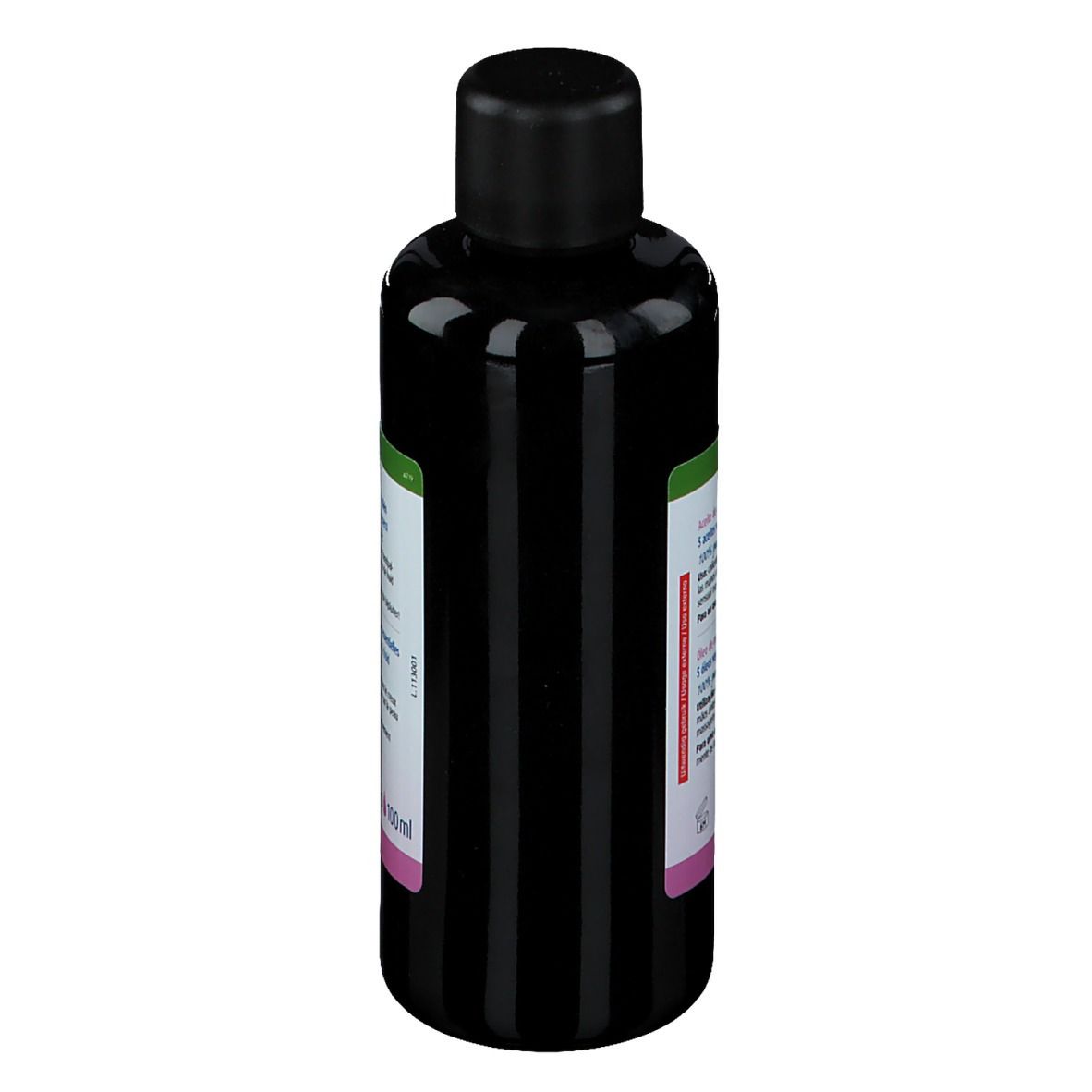 Schwarze Flasche mit schwarzem Deckel. Etikett mit Text. Rückansicht. Weißes Etikett mit grünen und rosa Akzenten.