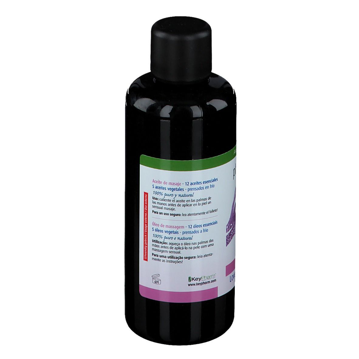 Rückansicht der Flasche. Etikett mit Text und Inhaltsstoffen. Schwarze Flasche mit schwarzem Deckel. Rosa und grünes Etikett.