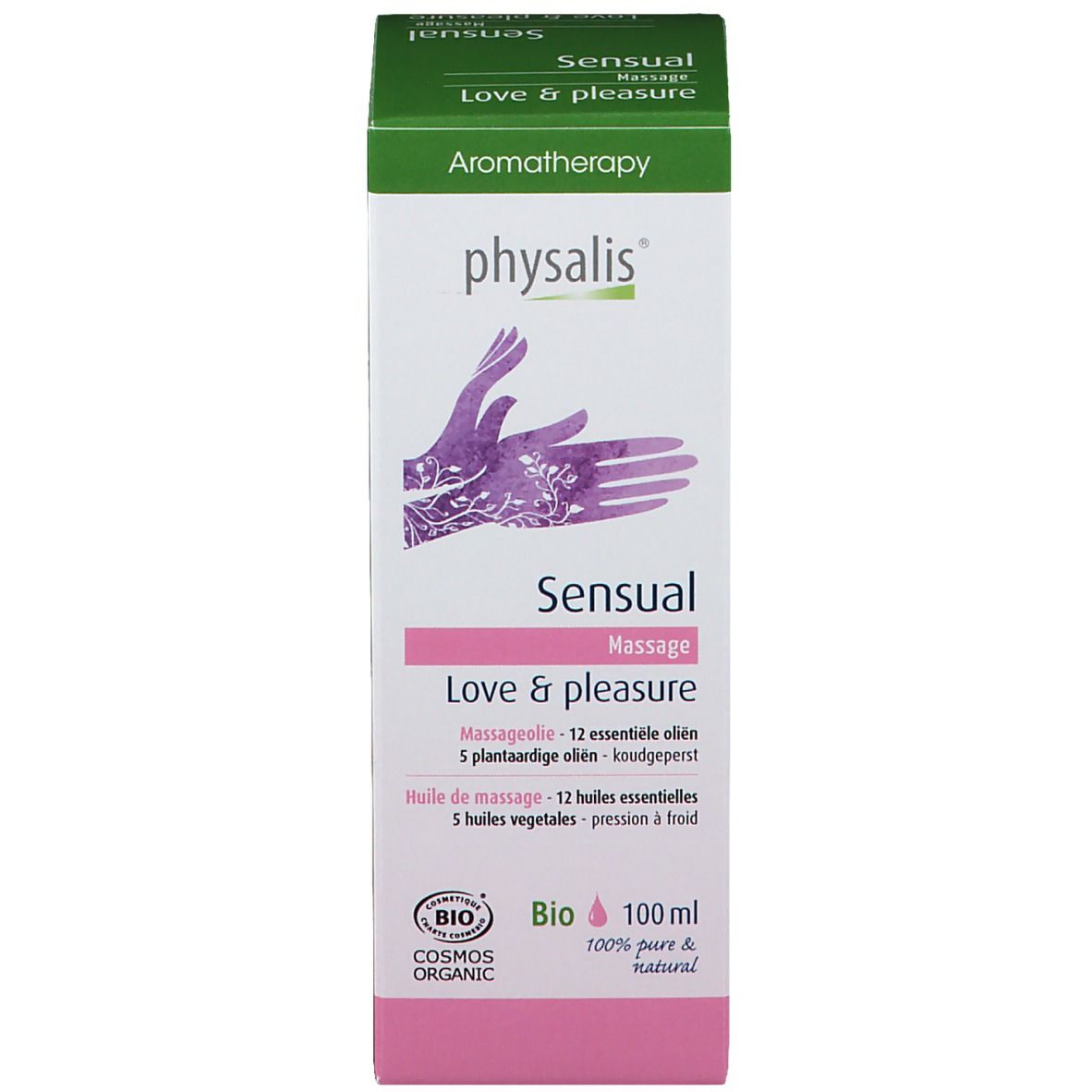 Kartonverpackung. "Sensual Massage" und "physalis" auf der Vorderseite. Grün-weißes Design. Bio-Zertifizierung.