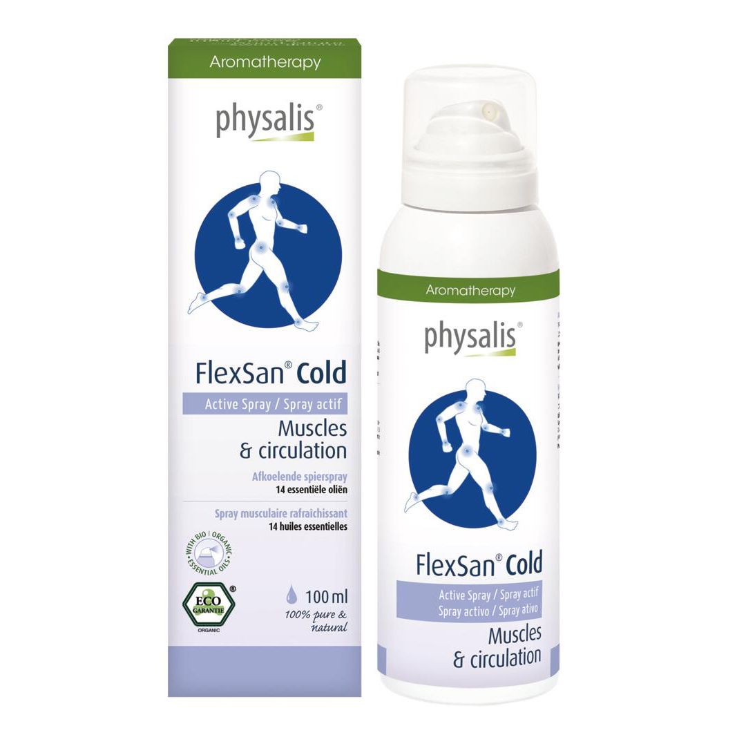 Physalis FlexSan Cold Spray, flacon et emballage. Contient 100 ml. Avec certification Eco.