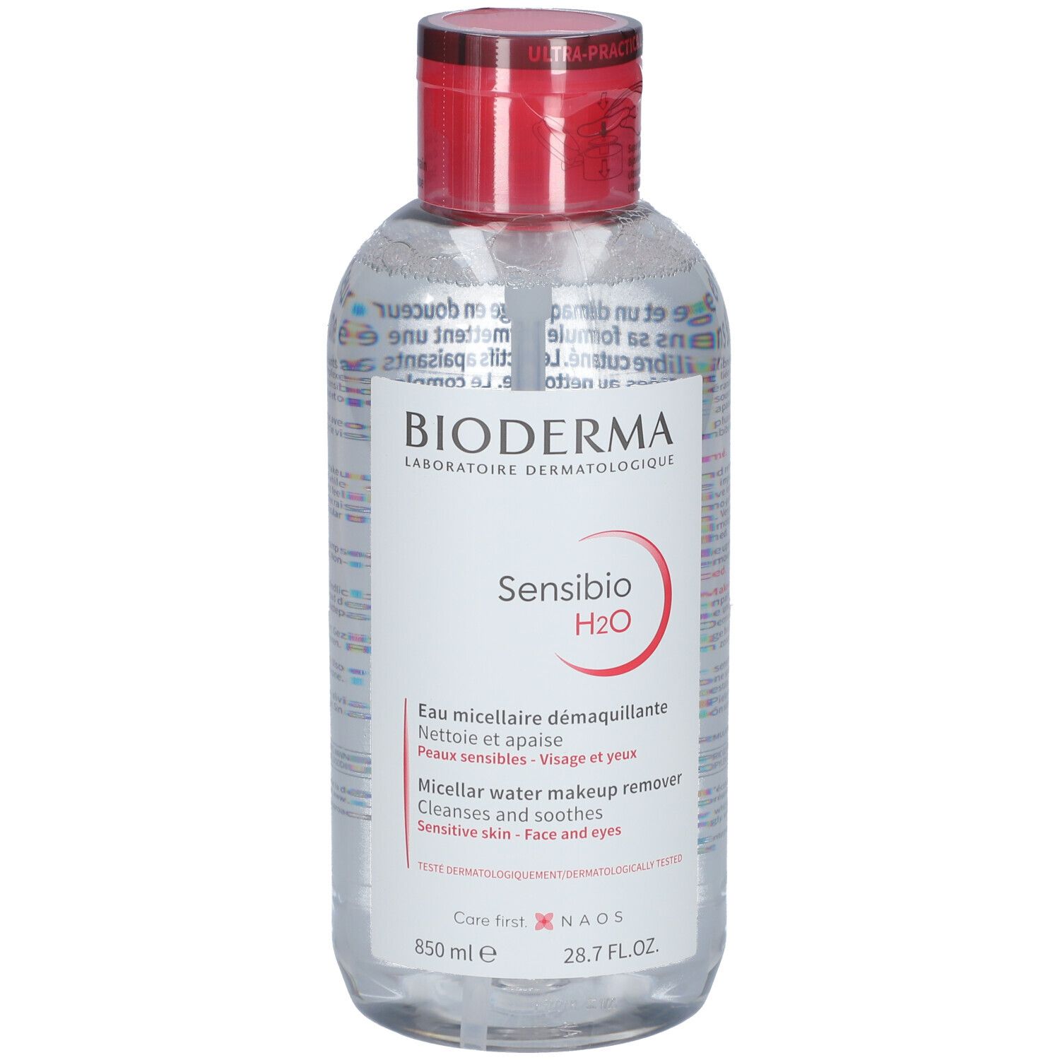 Klare Flüssigkeit in einer Flasche mit rotem Verschluss. Aufschrift: BIODERMA Sensibio H2O. Für empfindliche Haut.