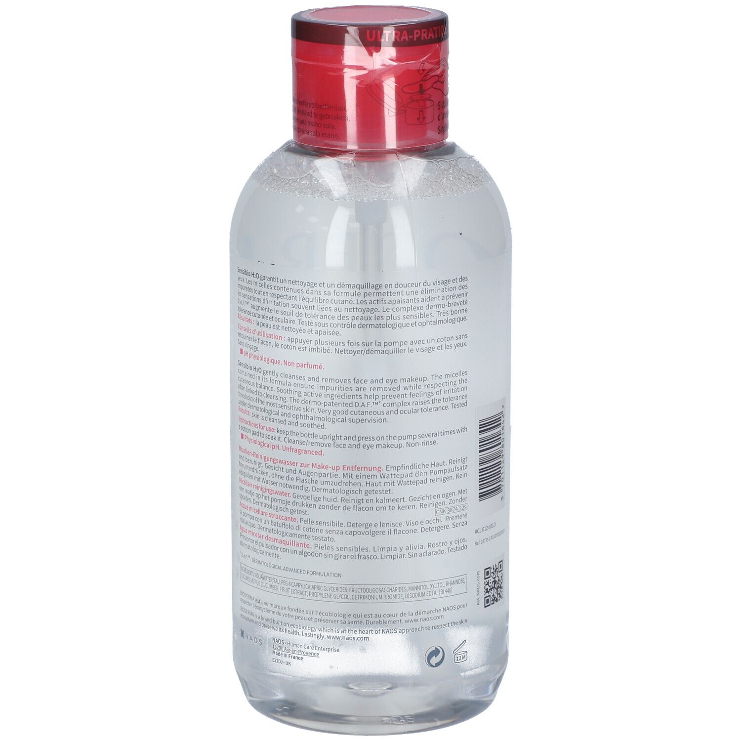 Rückseite einer transparenten Flasche mit rotem Verschluss. Text: BIODERMA Sensibio H2O. Für empfindliche Haut. Mehrere Sprachen.