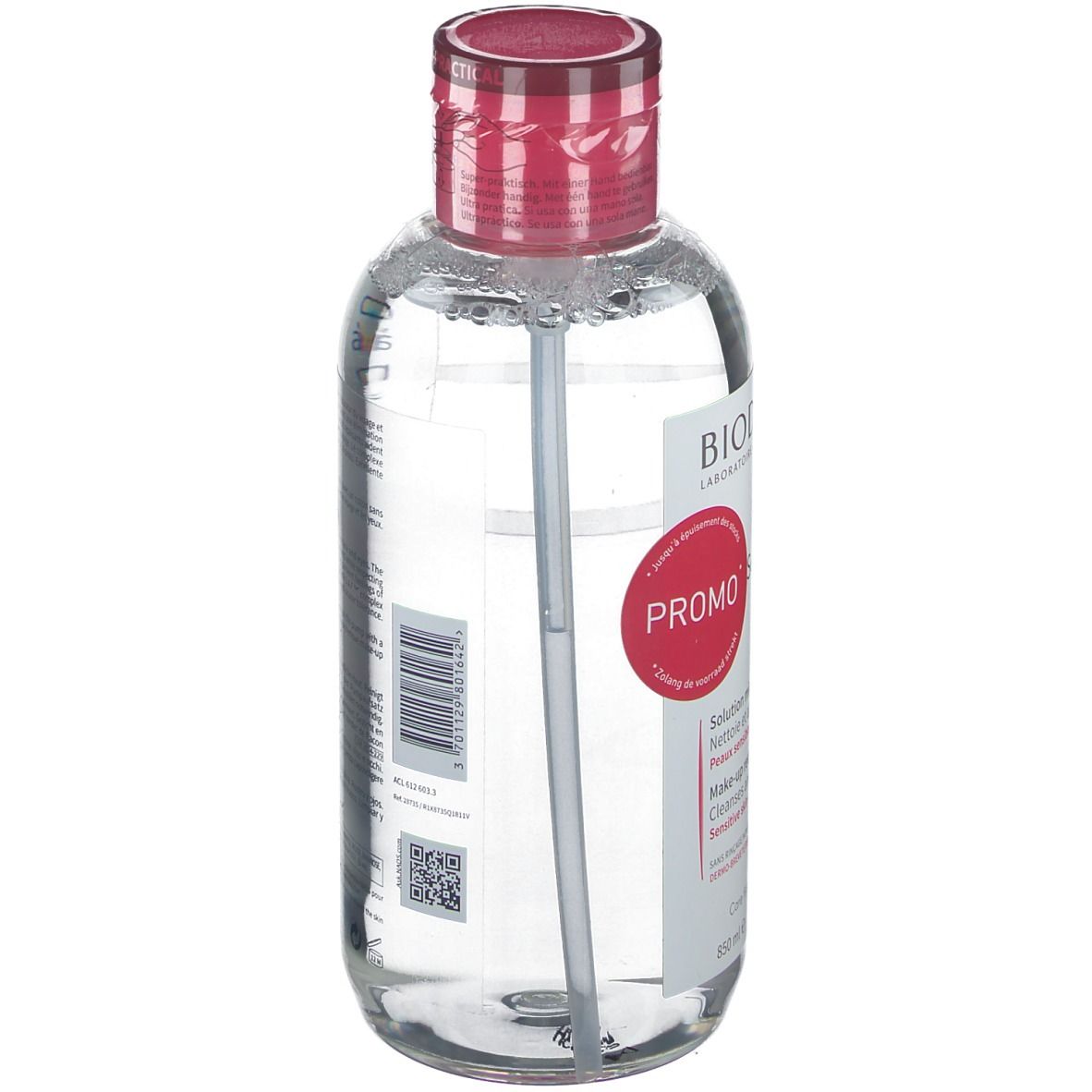 Klare Flüssigkeit in einer Flasche mit rotem Verschluss. Aufschrift: BIODERMA Sensibio H2O. Promo-Etikett.