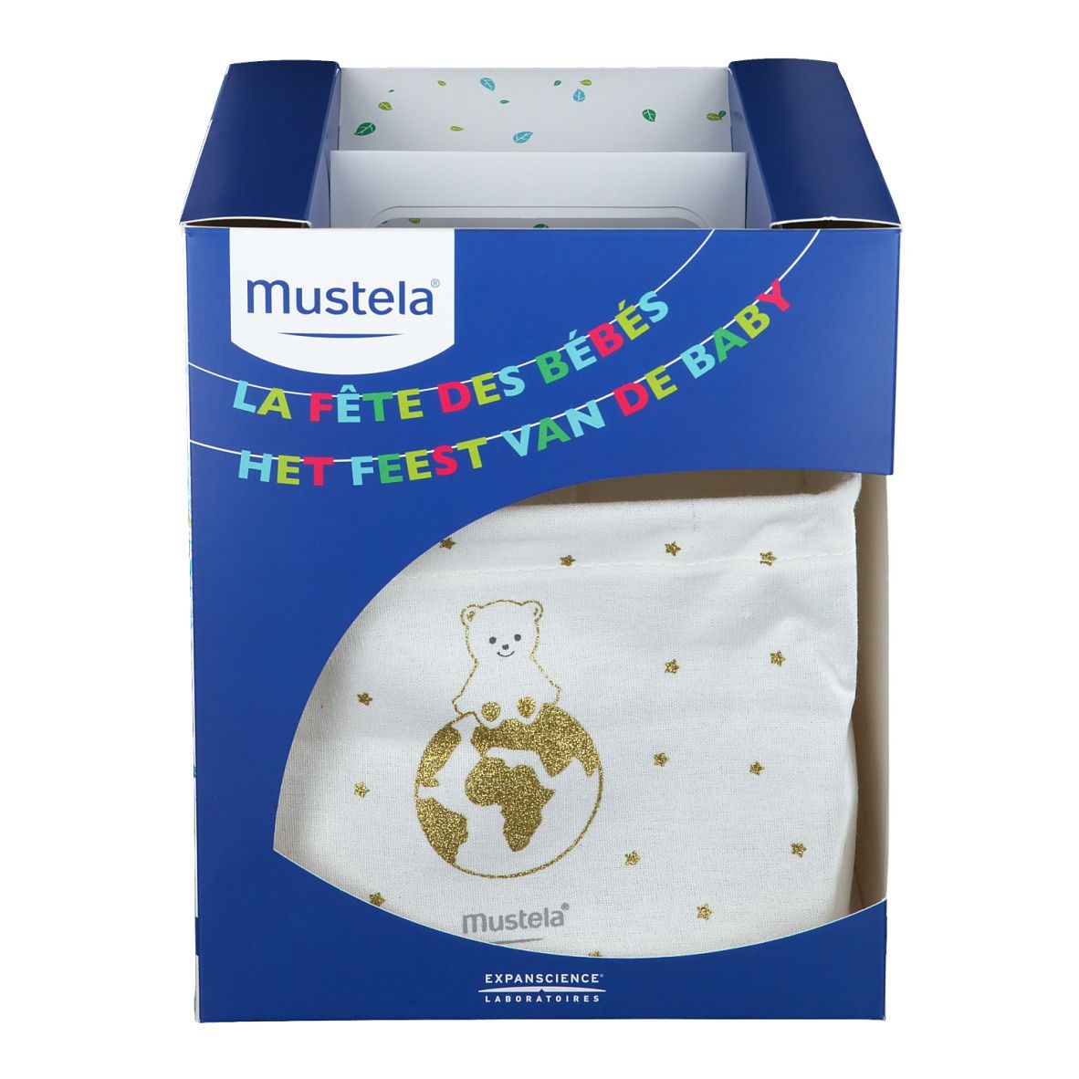 Geöffnete Geschenkbox mit Stoffwindel. Aufschrift: Mustela. Dekoration mit Sternen und Bär.