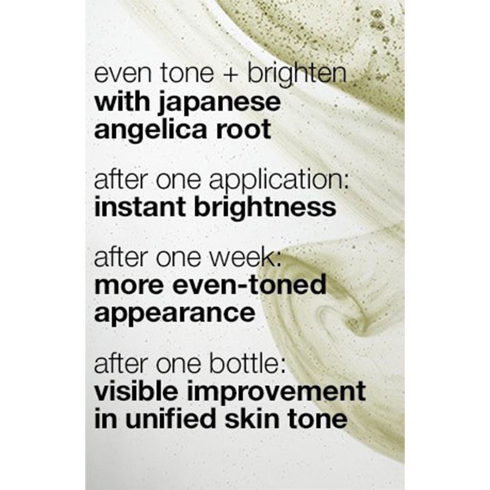 Text: Even Tone + Brighten mit japanischer Angelikawurzel. Ergebnisse nach Anwendung.