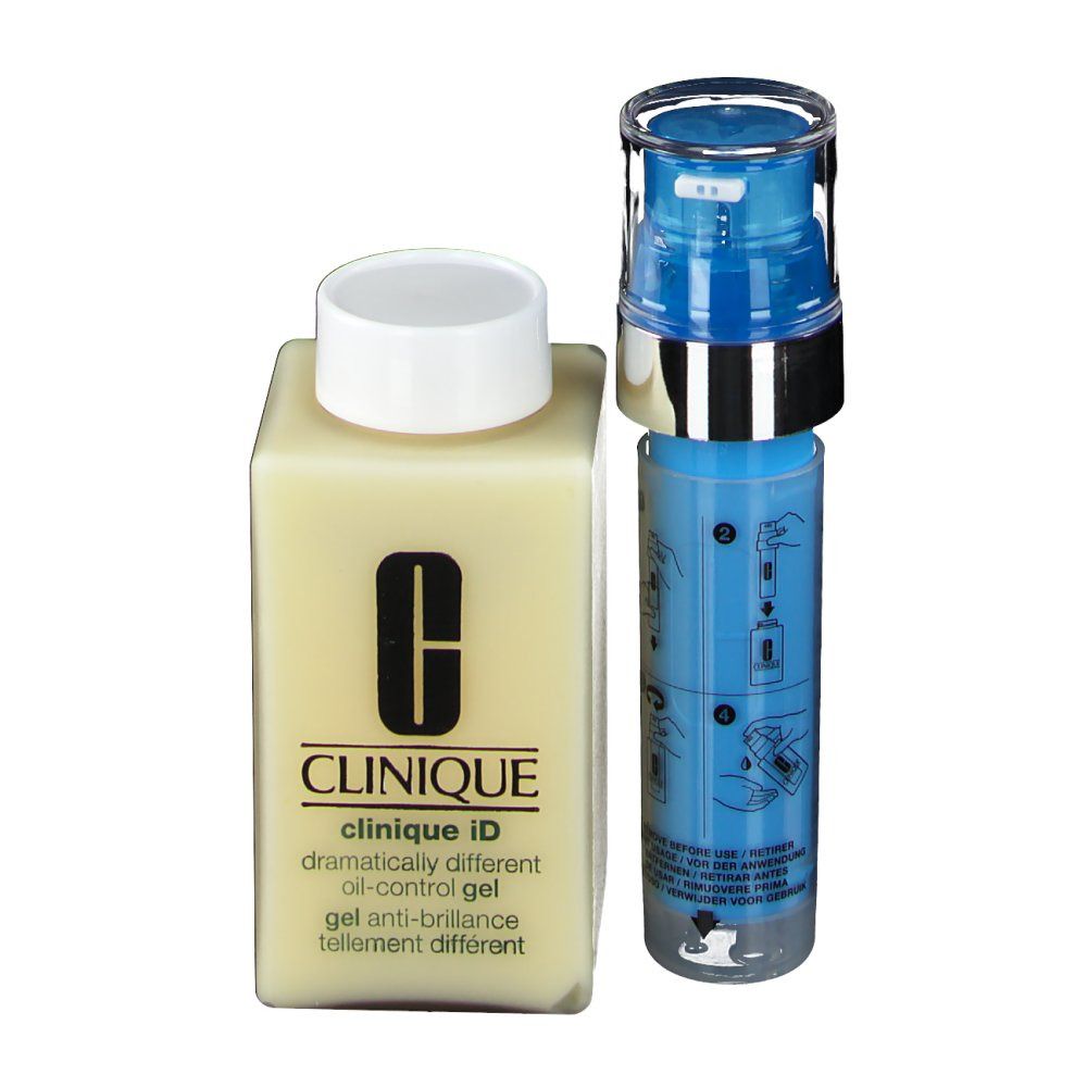 Deux produits cosmétiques. Une bouteille crème avec le logo CLINIQUE et un distributeur bleu. Texte sur les deux.