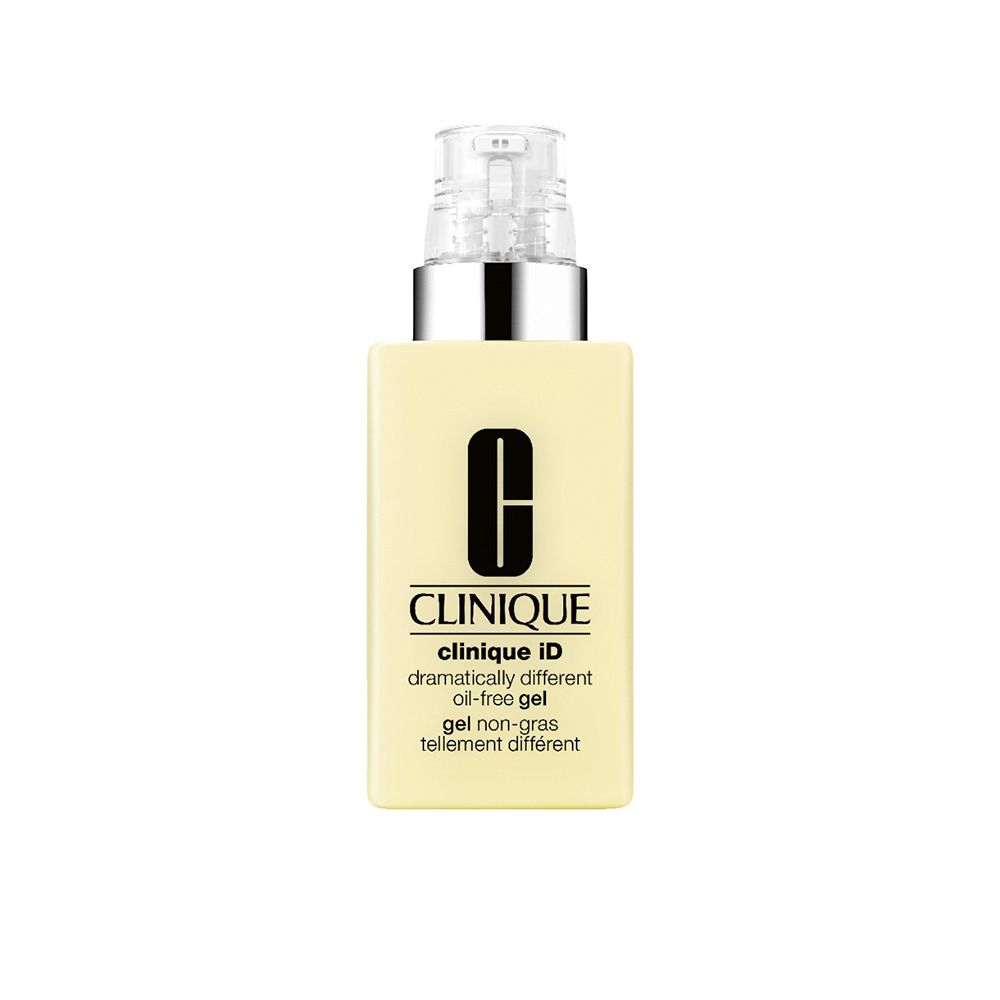 Gel-Flakon mit Pumpe. Aufschrift: CLINIQUE, clinique iD, dramatically different oil-free gel, gel non-gras tellement différent.