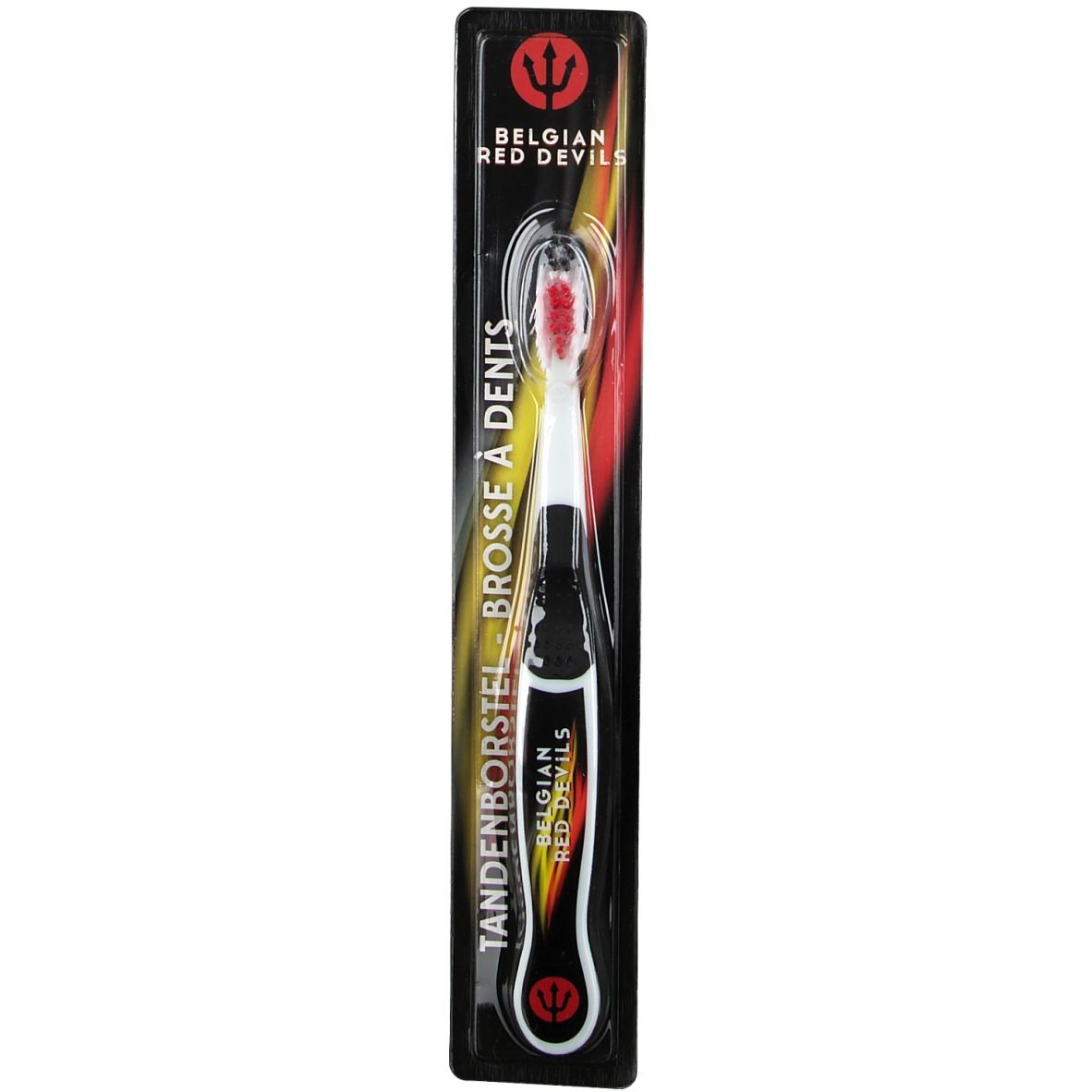 Zahnbürste in Verpackung. Schwarzer Griff mit weißem und rotem Design. Roter Bürstenkopf. Aufschrift: Belgian Red Devils, Tandenborstel, Brosse à dents.