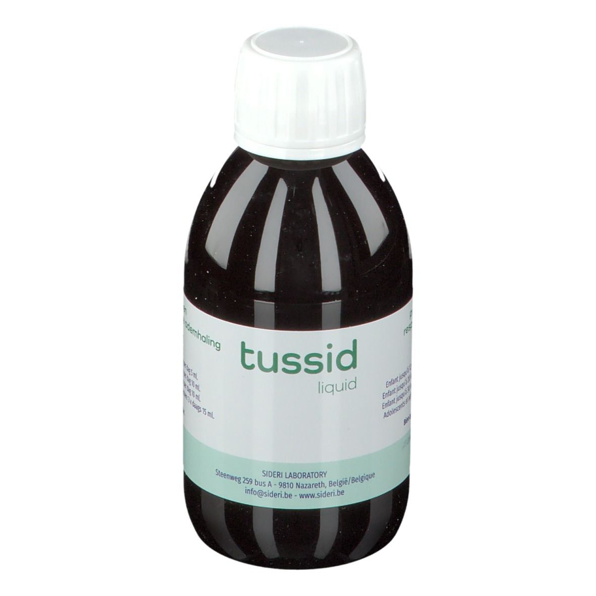 Braune Flüssigkeit in einer Flasche mit weißem Deckel. Auf dem Etikett steht "tussid liquid".