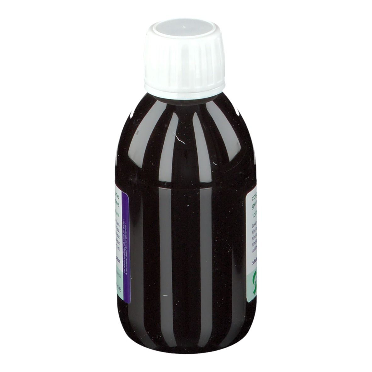 Braune Flüssigkeit in einer Flasche mit weißem Deckel. Auf dem Etikett steht "tussid liquid".