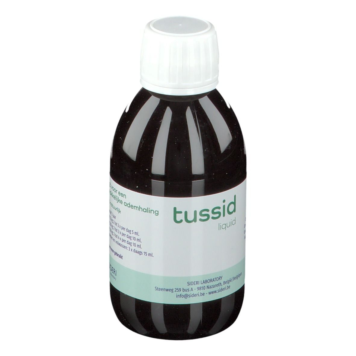 Braune Flüssigkeit in einer Flasche mit weißem Deckel. Auf dem Etikett steht "tussid liquid".