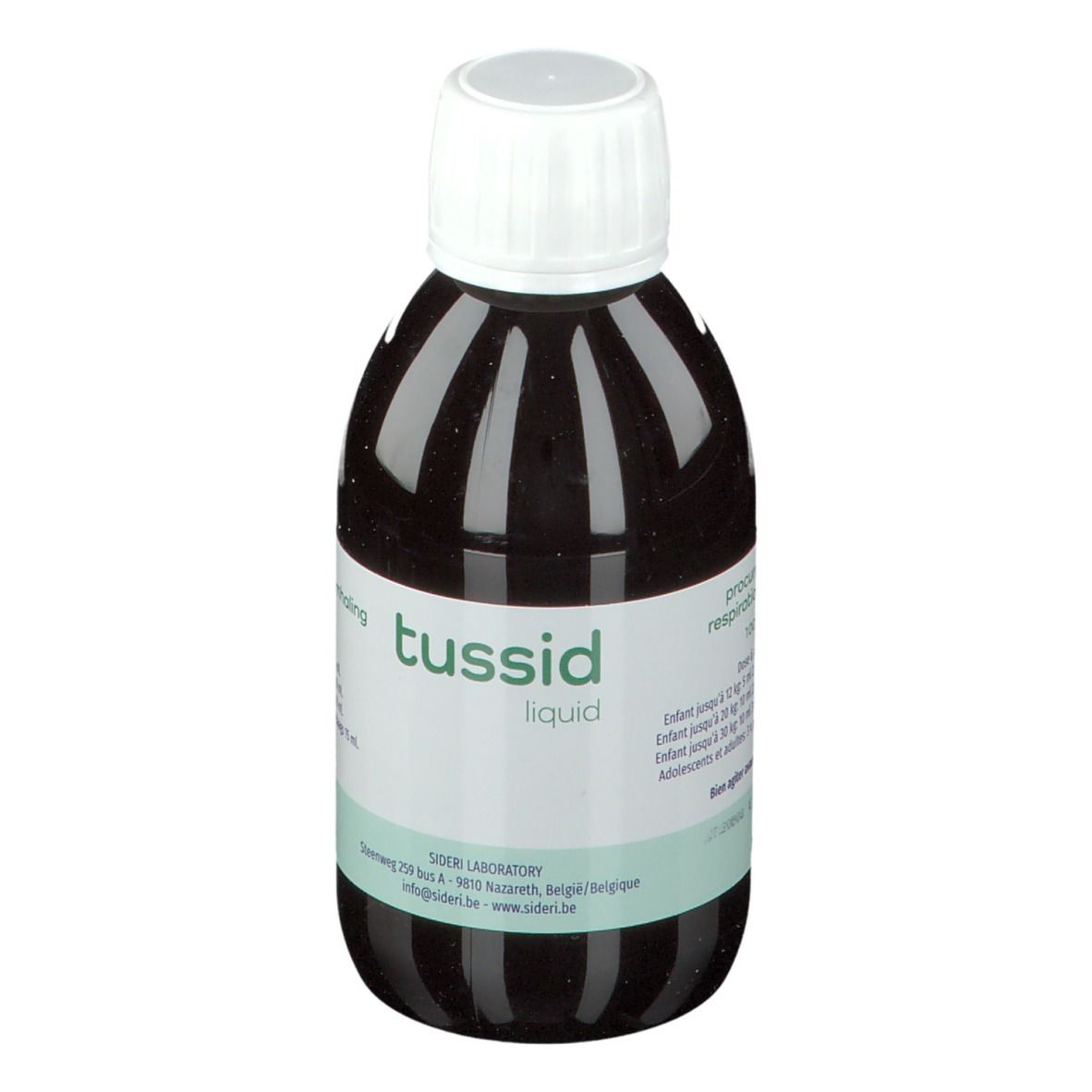 Braune Flüssigkeit in einer Flasche mit weißem Deckel. Auf dem Etikett steht "tussid liquid".