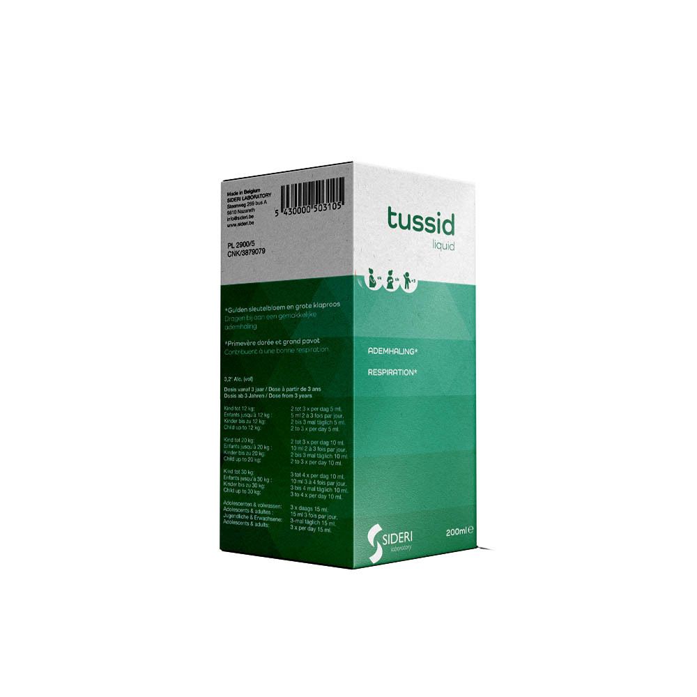 Boîte avec "tussid liquid" et instructions de dosage.