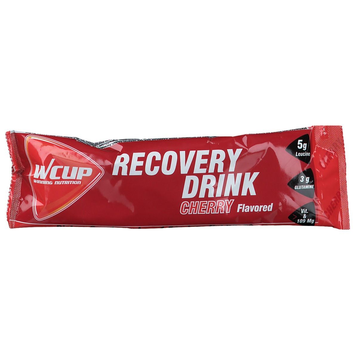 Sachet rouge avec texte blanc. "Wcup Recovery Drink Kirsche". Contient leucine, glutamine, vitamines et magnésium.