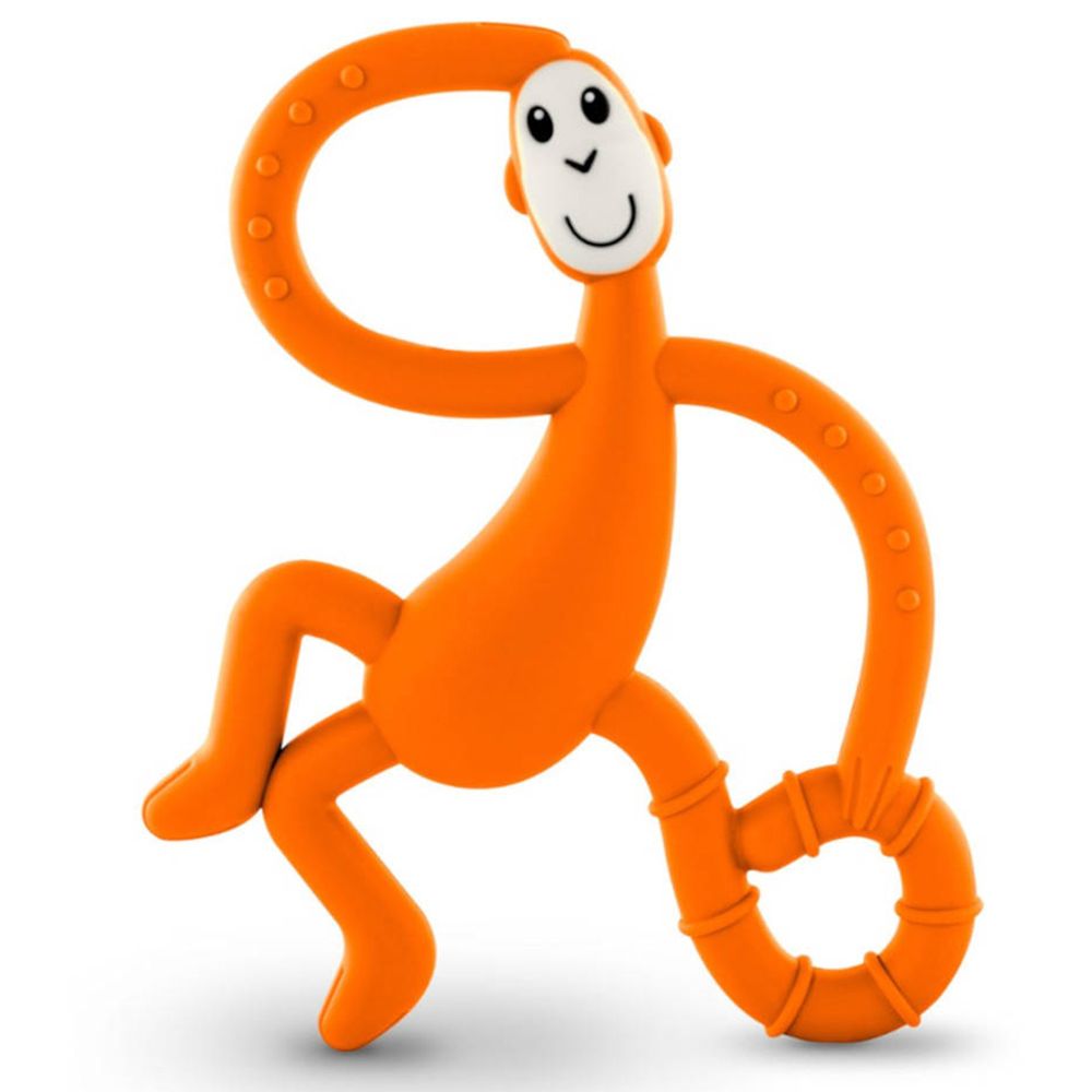 Anneau de dentition orange en forme de singe. Forme arrondie avec bras et jambes. Visage avec yeux et bouche. En silicone.