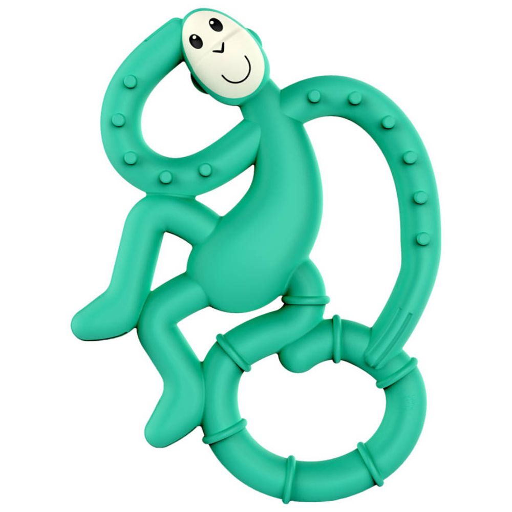 Grünes Zahnspielzeug in Affenform. Mit rundem Kopf, Armen und Beinen. Oberflächen mit Noppen.