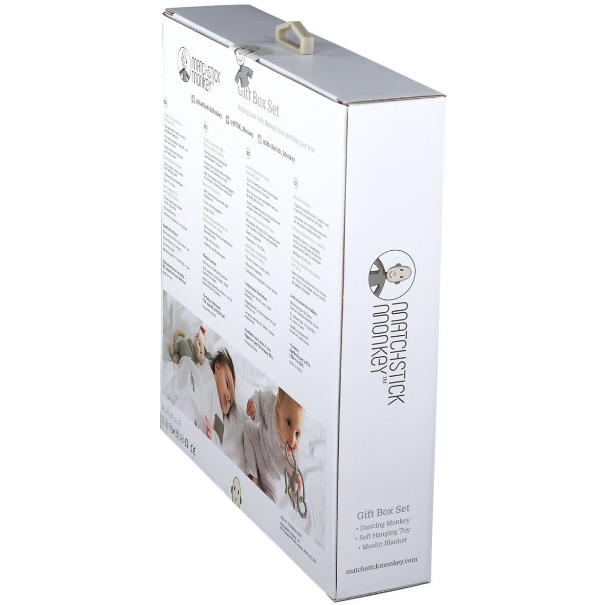 Geschenkbox-Set, Rückansicht. Enthält ein Stofftier, eine Decke und einen Beißring. Die Box zeigt Produktinformationen und das Markenlogo.