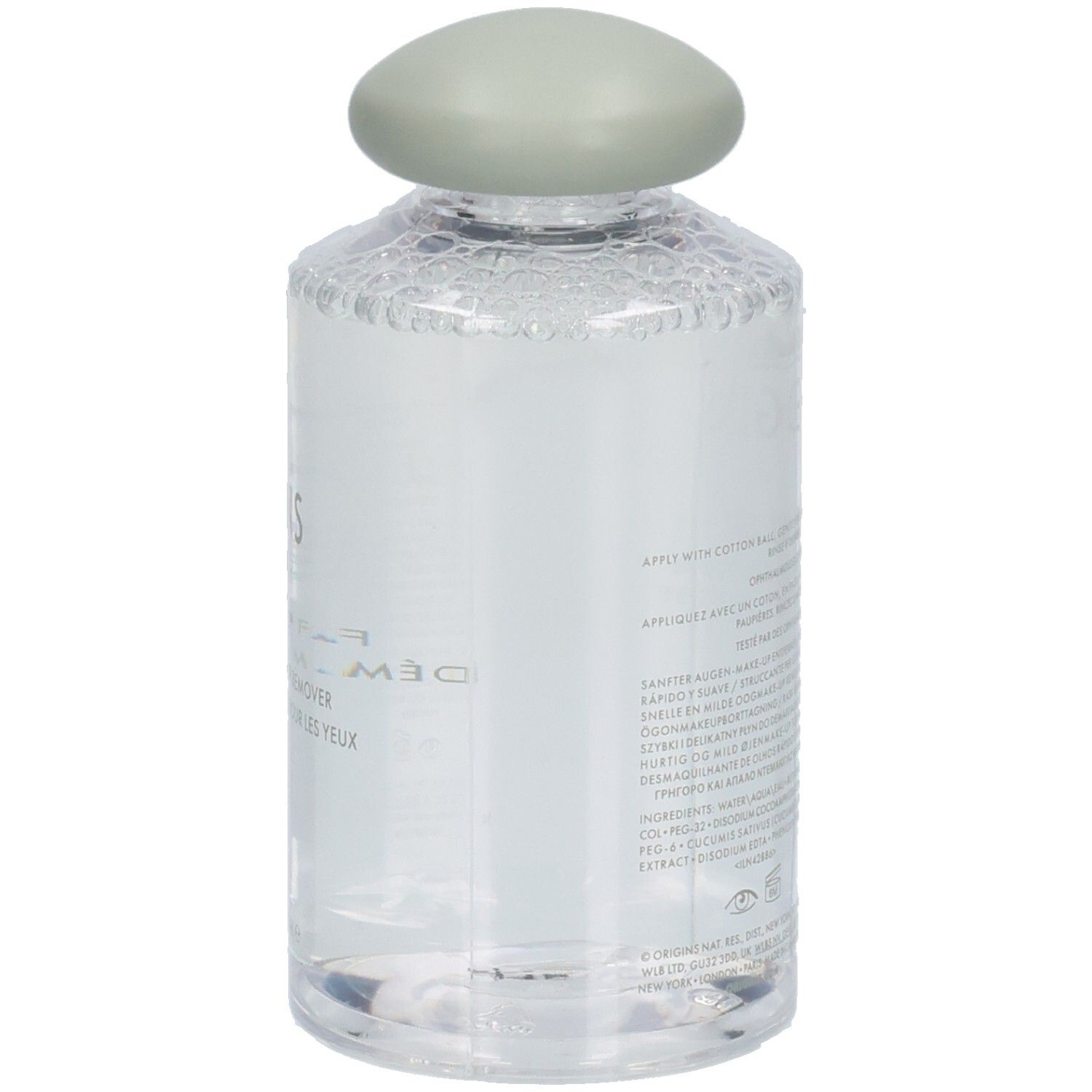 Flacon transparent avec bouchon vert. Inscriptions: ORIGINS, WELL OFF. Nom du produit et indication de volume.