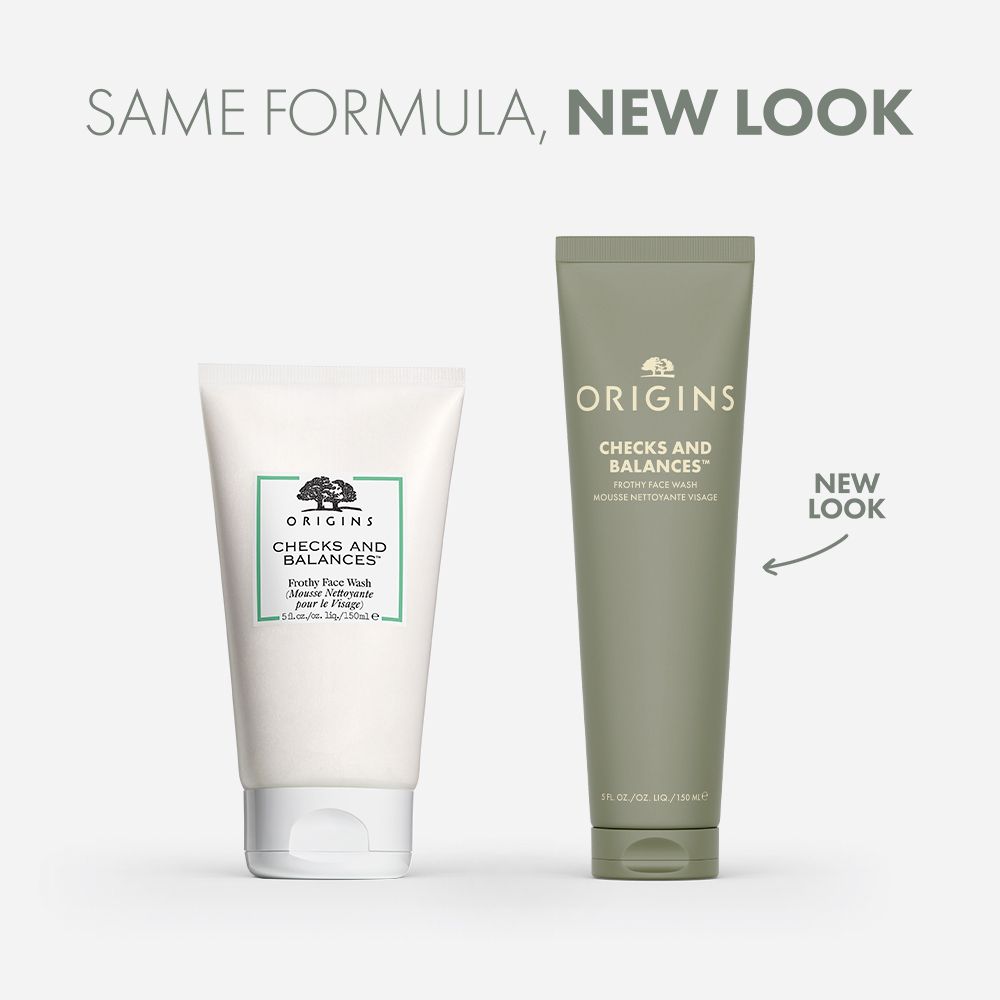 Zwei Tuben. Links: Weiß, alt. Rechts: Grau, neu. Text: ORIGINS, CHECKS AND BALANCES, Frothy Face Wash.