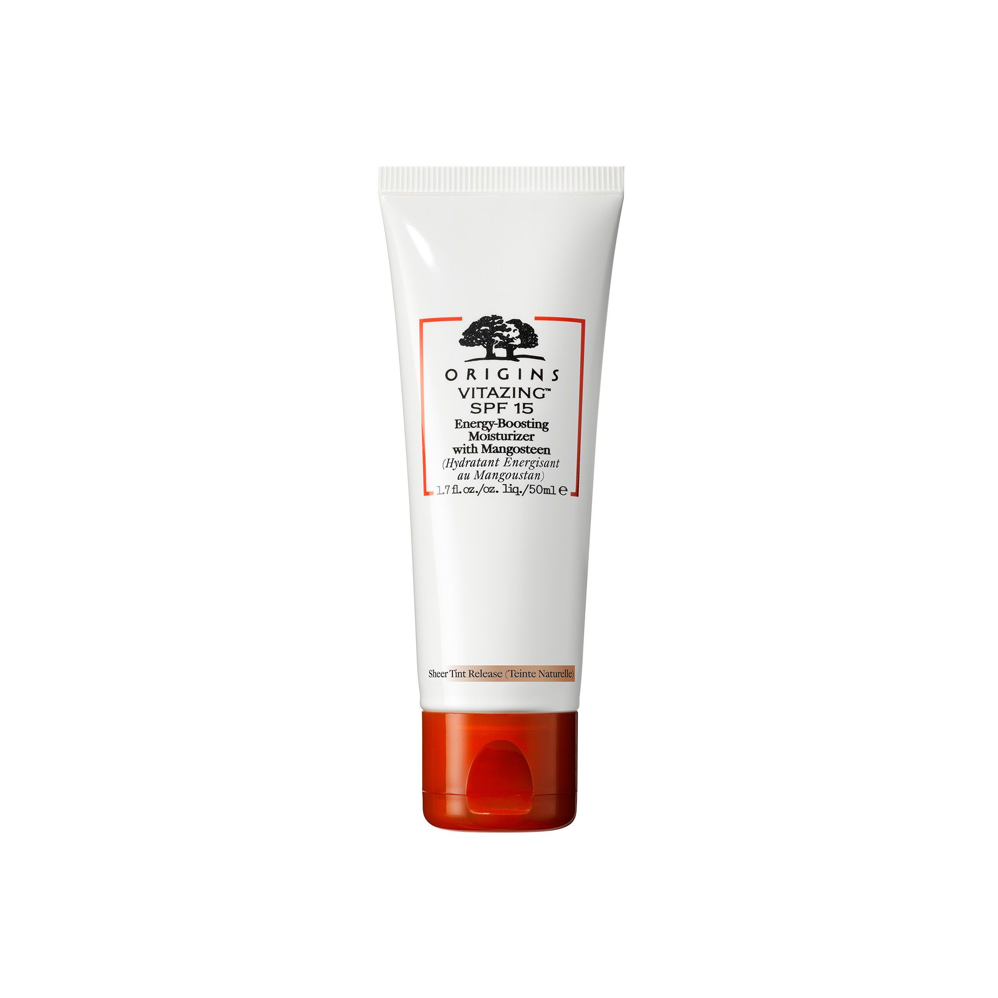 Weiße Tube mit rotem Akzent. Aufdruck: ORIGINS VITAZING SPF 15. Produktname und Logo deutlich sichtbar.