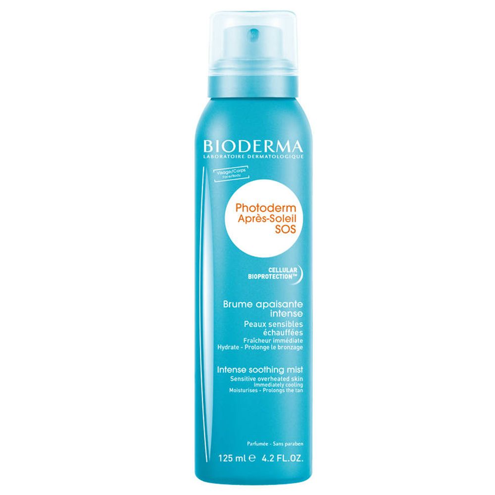 Blaues Spray von BIODERMA. Aufschrift: Photoderm Après-Soleil SOS. Text: Brume apaisante intense, Intense soothing mist. 125 ml.