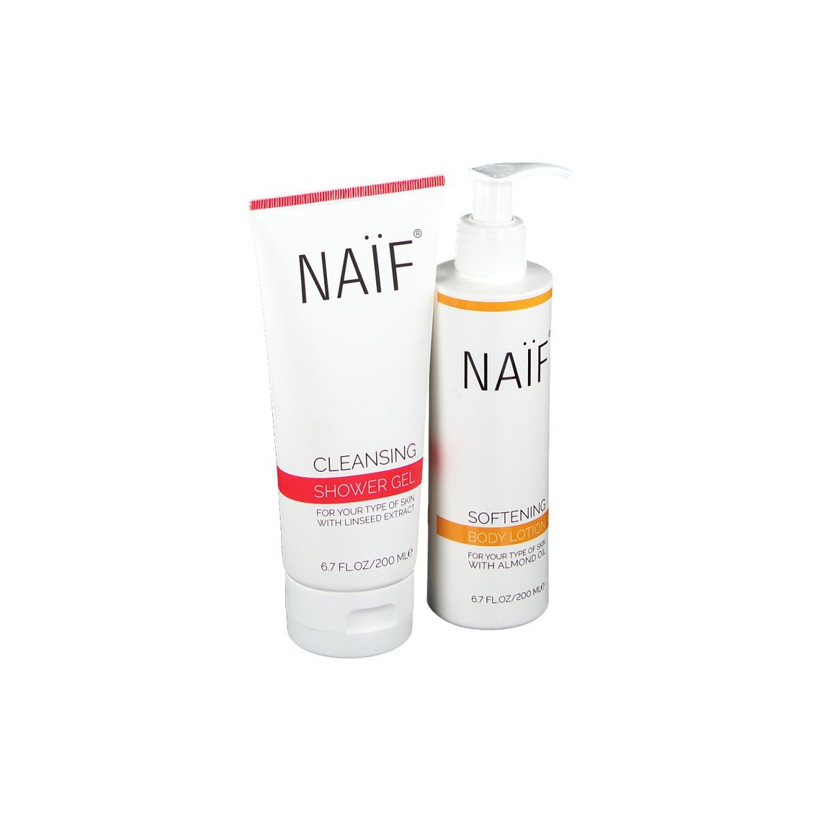 Zwei weiße Flaschen mit roter und orangefarbener Beschriftung. Aufschrift: NAIF, Cleansing Shower Gel und Softening Body Lotion.