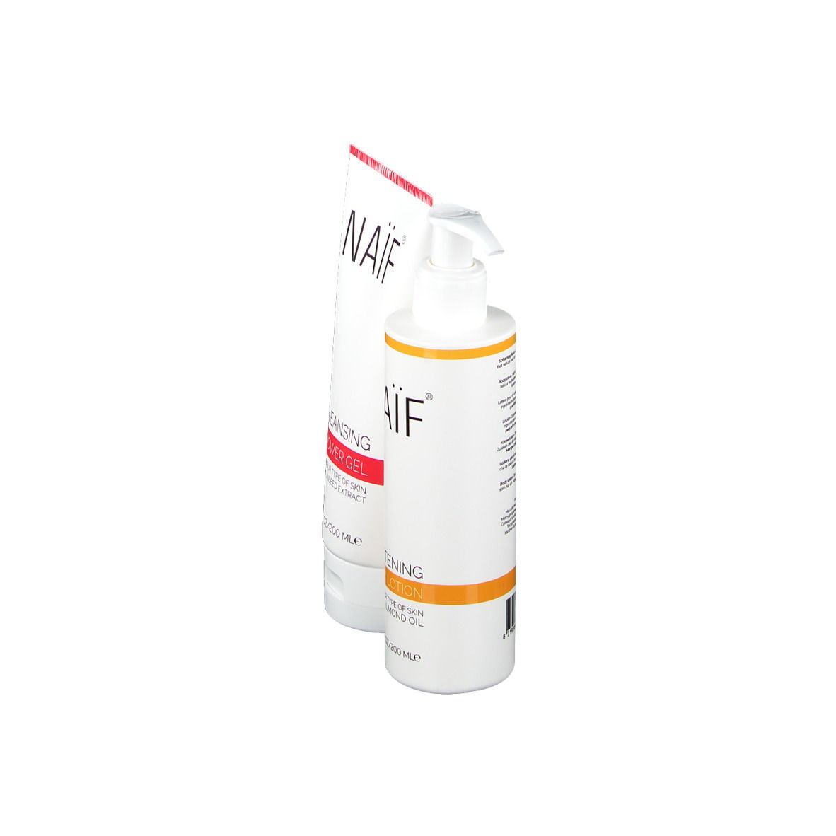Zwei weiße Flaschen, eine mit Pumpe, mit roter und orangefarbener Beschriftung. Aufschrift: NAIF, Cleansing Shower Gel und Softening Body Lotion.