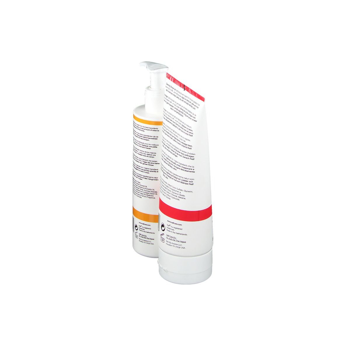 Rückansicht von zwei weißen Flaschen mit roter und orangefarbener Beschriftung. Aufschrift: NAIF, Cleansing Shower Gel und Softening Body Lotion.