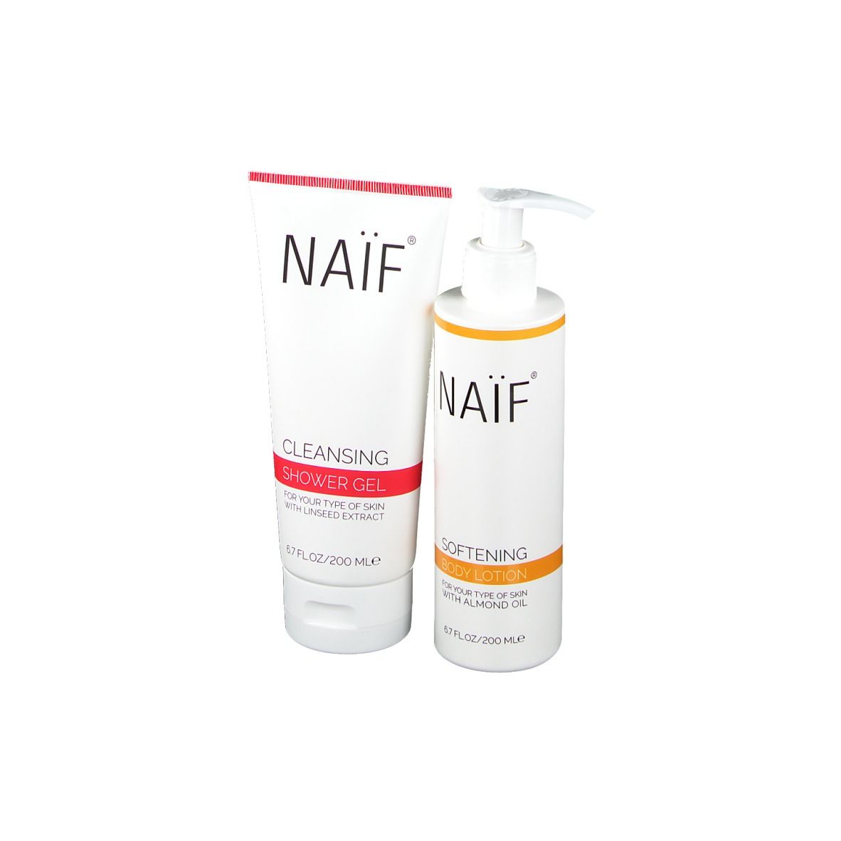 Zwei weiße Flaschen mit roter und orangefarbener Beschriftung. Aufschrift: NAIF, Cleansing Shower Gel und Softening Body Lotion.