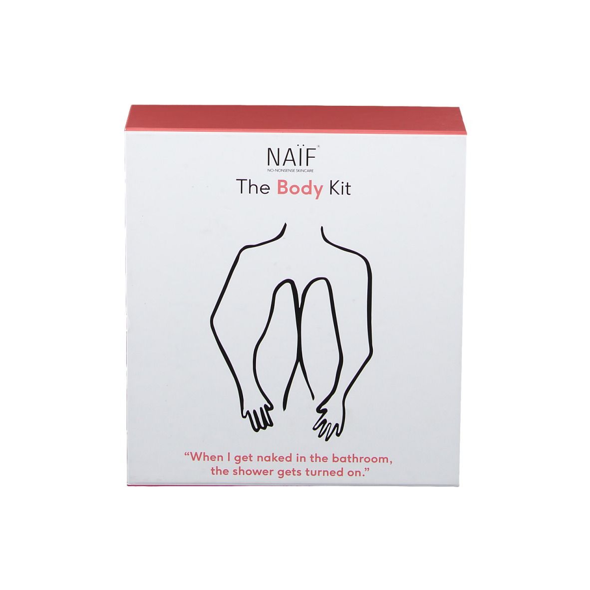 Karton mit Aufschrift NAIF, The Body Kit. Abbildung einer Person. Zitat: When I get naked in the bathroom, the shower gets turned on.