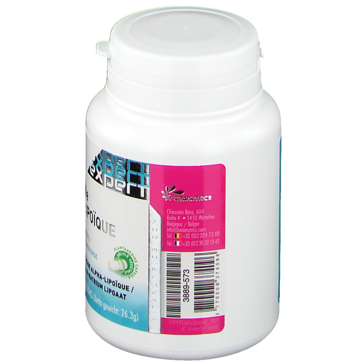 Weiße Flasche mit rosa Etikett. Aufschrift: VitaNutrics, Acide R Alpha-Lipoique. Mit Deckel.