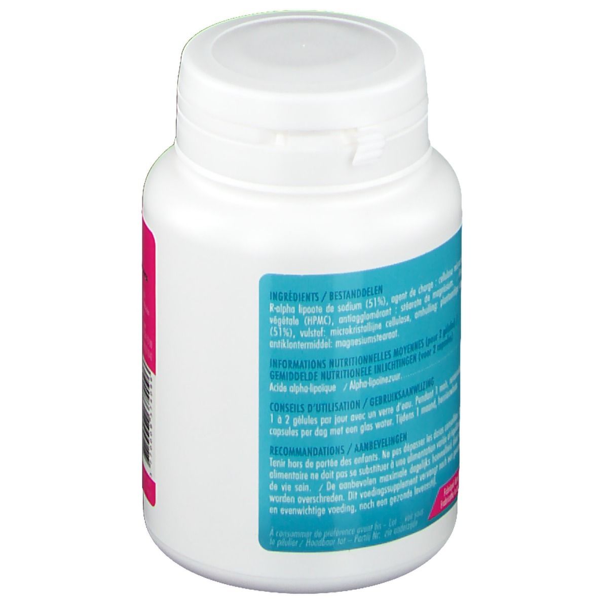 Weiße Flasche mit rosa und blauem Etikett. Enthält Informationen zu Inhaltsstoffen und Anwendung.