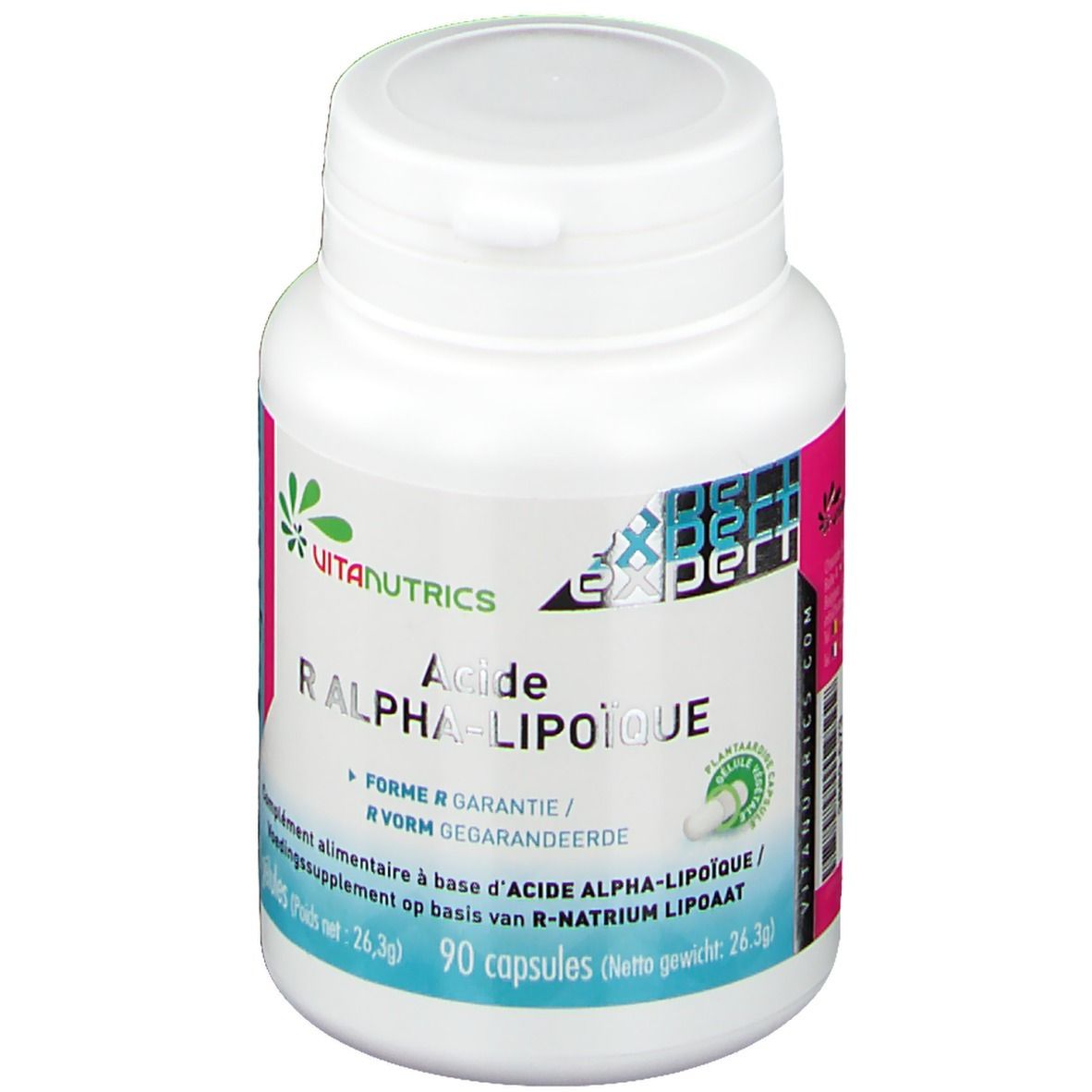 Weiße Flasche mit rosa und grünem Etikett. Aufschrift: VitaNutrics, Acide R Alpha-Lipoique. 90 Kapseln.