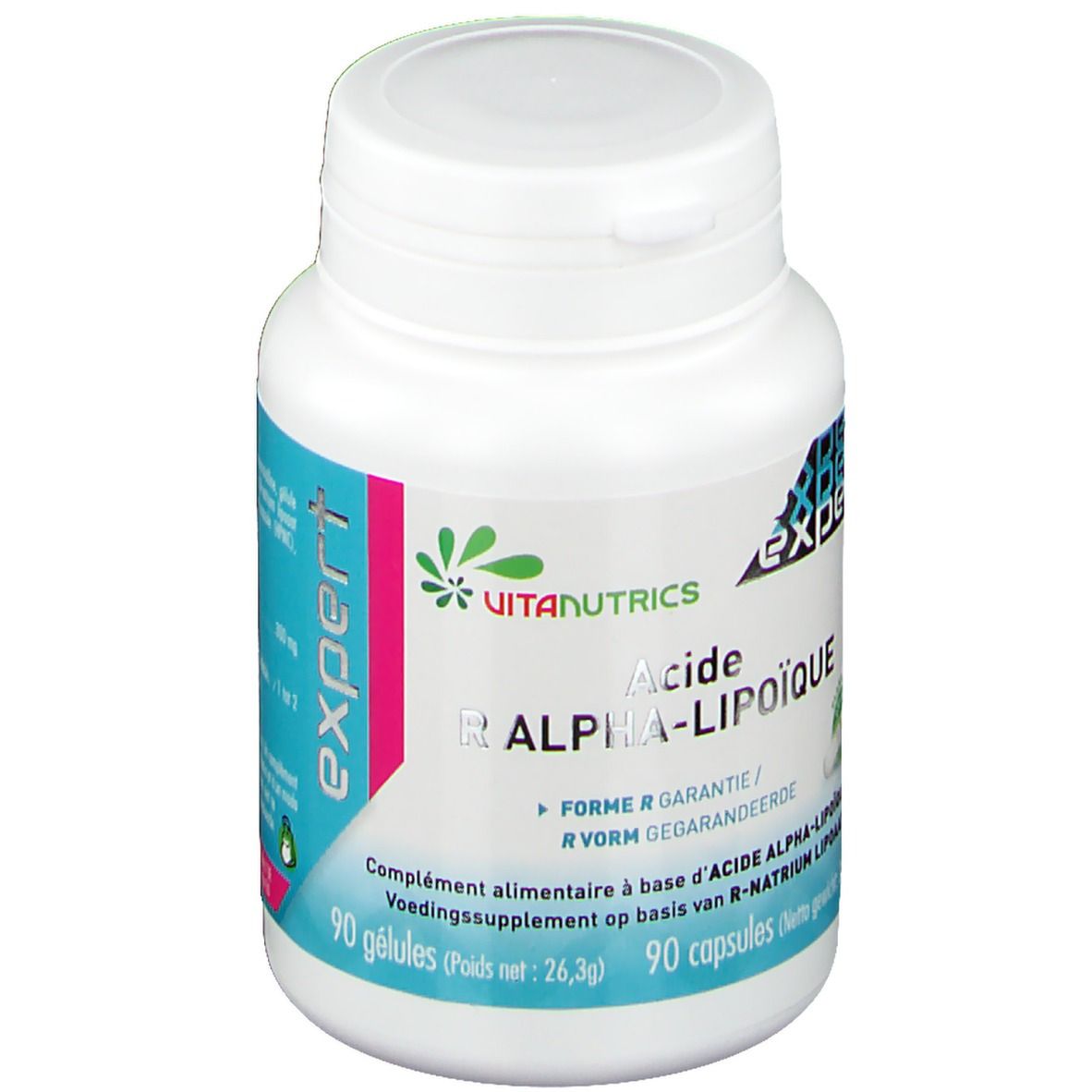 Weiße Flasche mit rosa und grünem Etikett. Aufschrift: VitaNutrics, Acide R Alpha-Lipoique. 90 Kapseln.