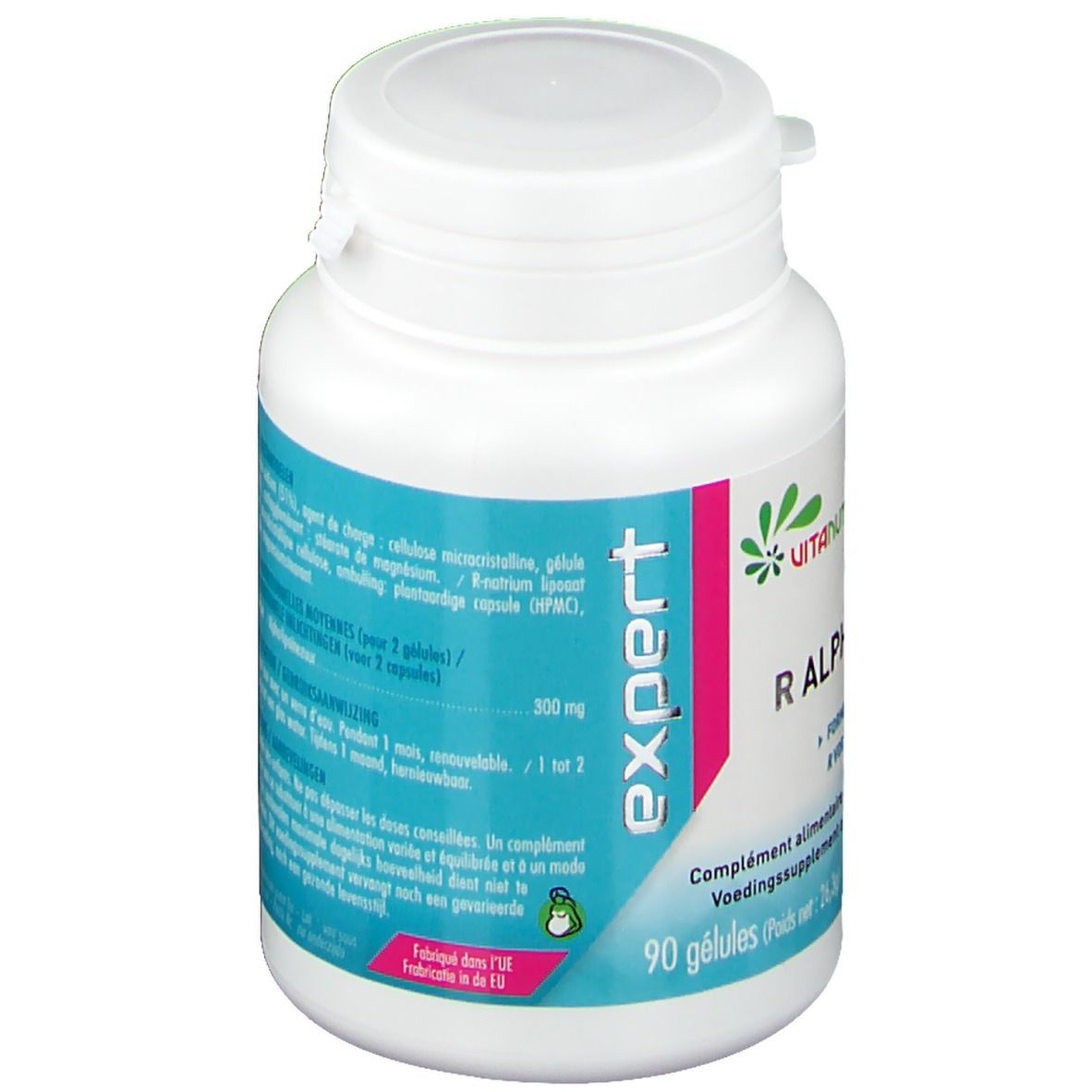 Weiße Flasche mit rosa und grünem Etikett. Aufschrift: VitaNutrics, Acide R Alpha-Lipoique. 90 Kapseln.