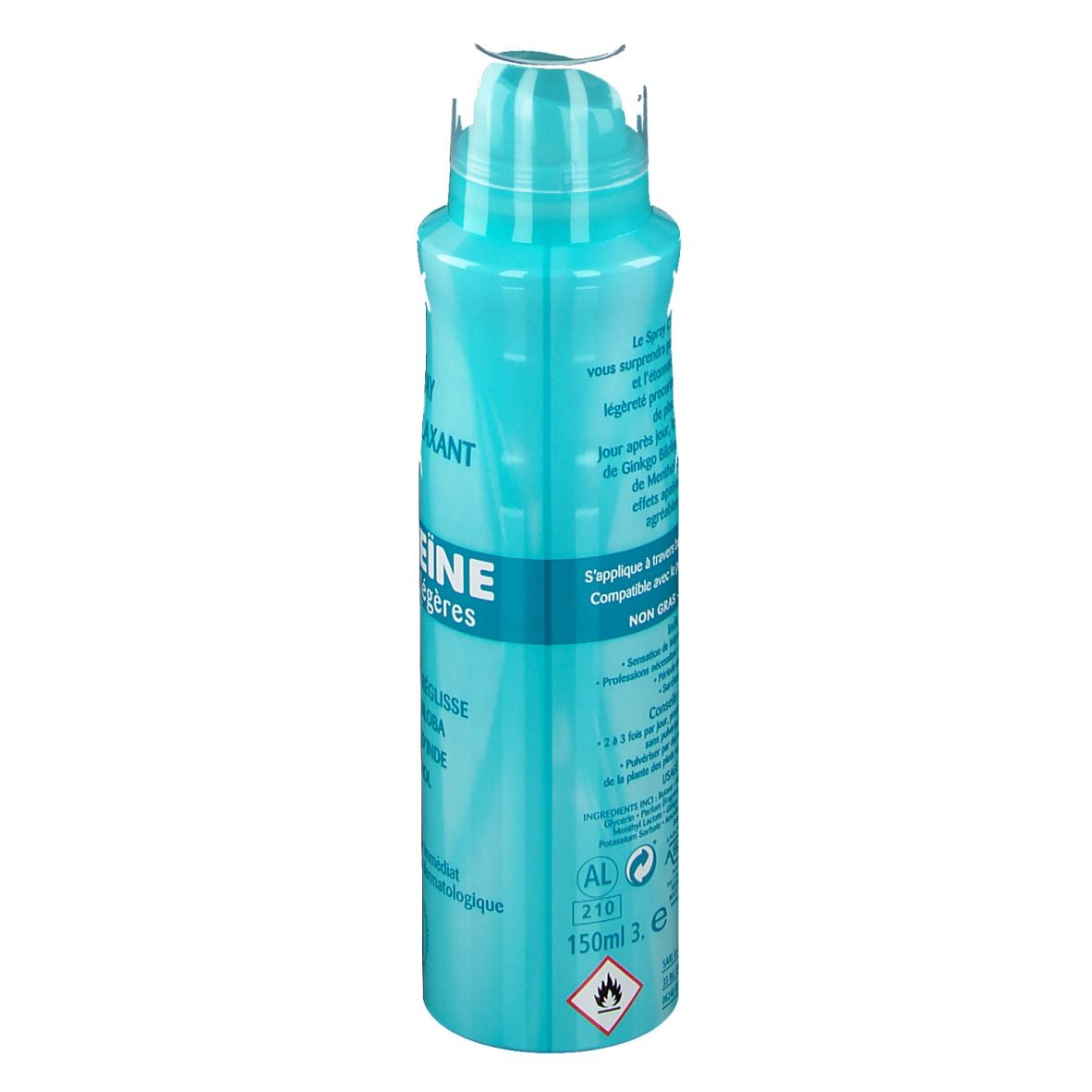 Türkisblaue Sprühflasche mit weißem Deckel. Text: „Cryo Relaxant“ und weitere französische Texte. Aufschrift: „150ml 3.e“.