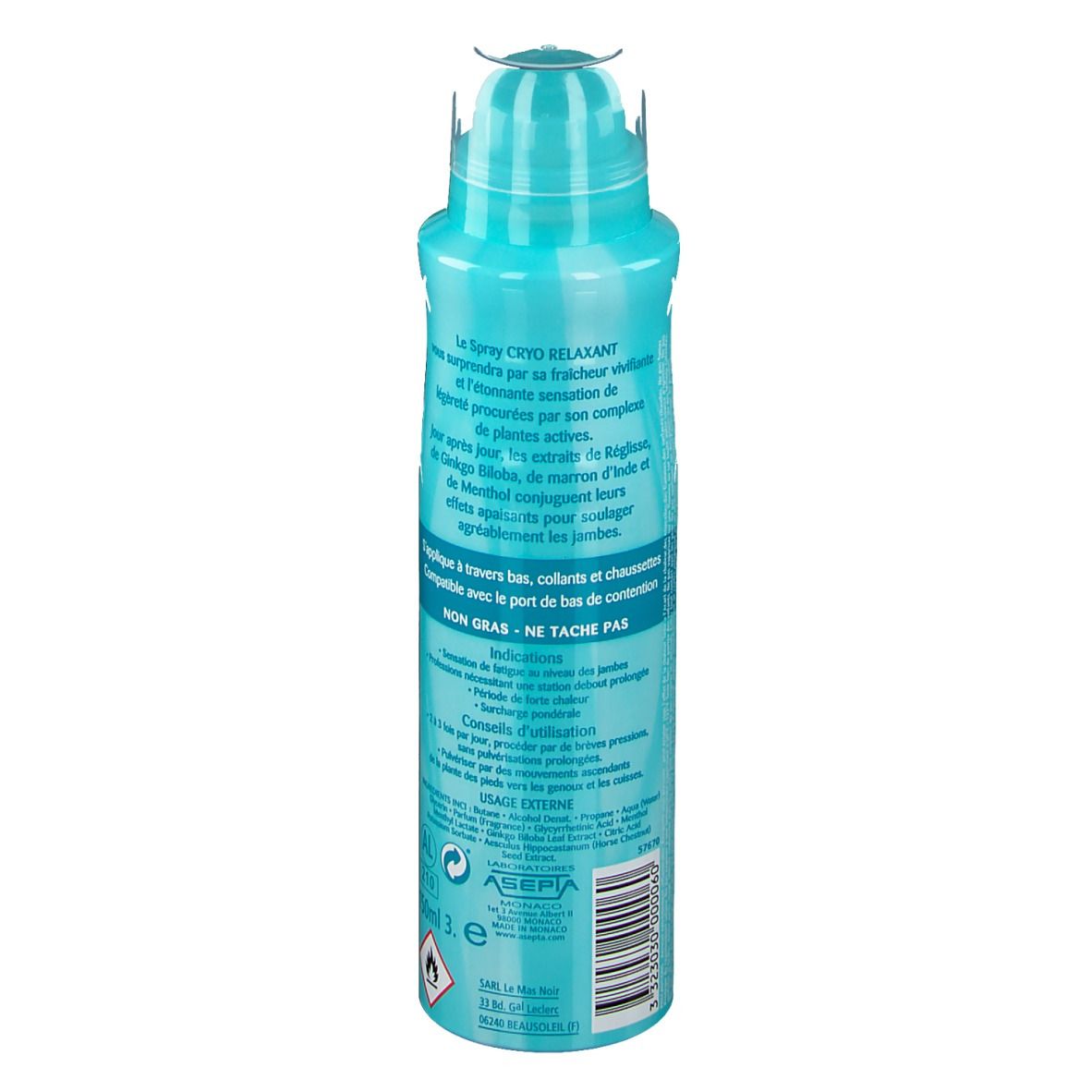 Türkisblaue Sprühflasche mit weißem Deckel. Text in französischer Sprache. Aufschrift: „NON GRAS - NE TACHE PAS“ und weitere Texte.