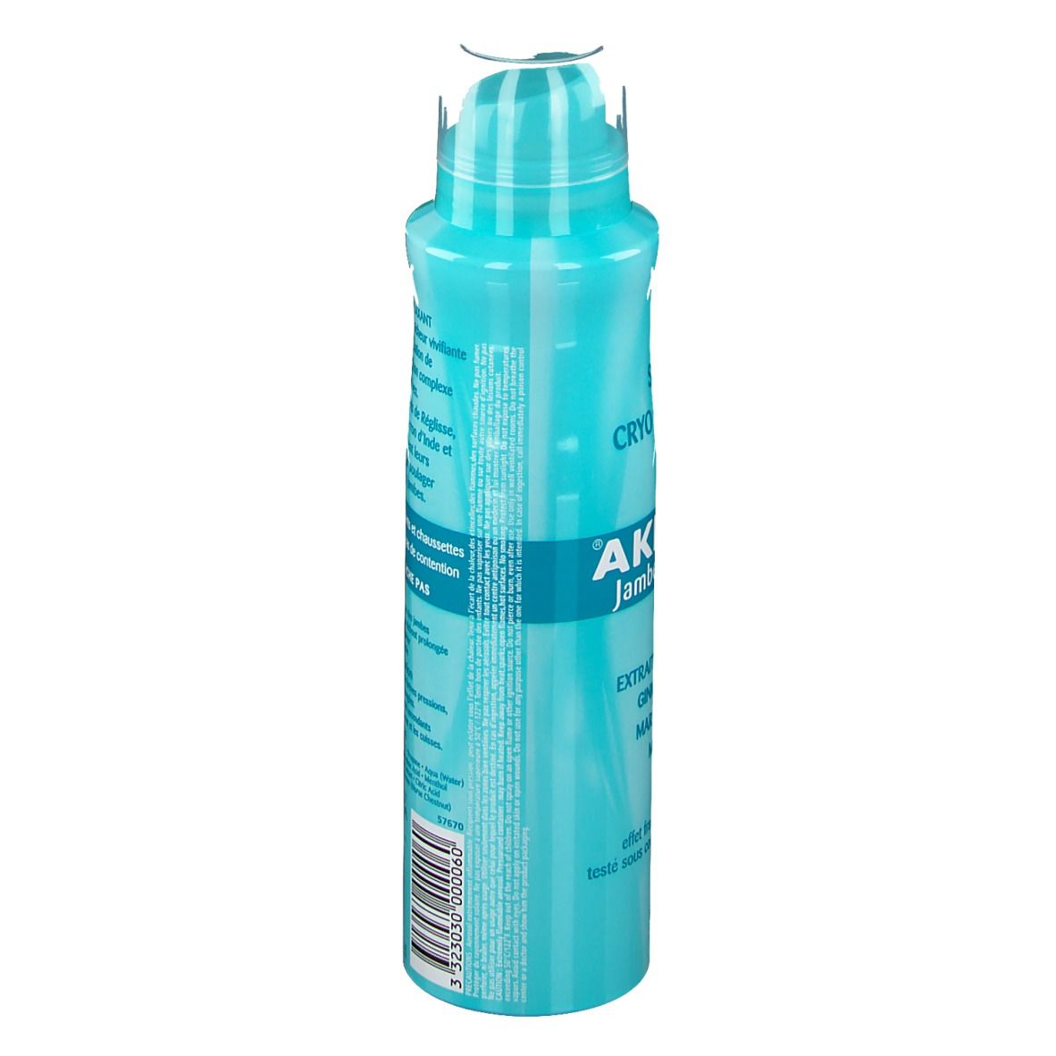 Türkisblaue Sprühflasche mit weißem Deckel. Aufschrift: „AKILEINE Jambes légères“. Text in französischer Sprache und Barcode.