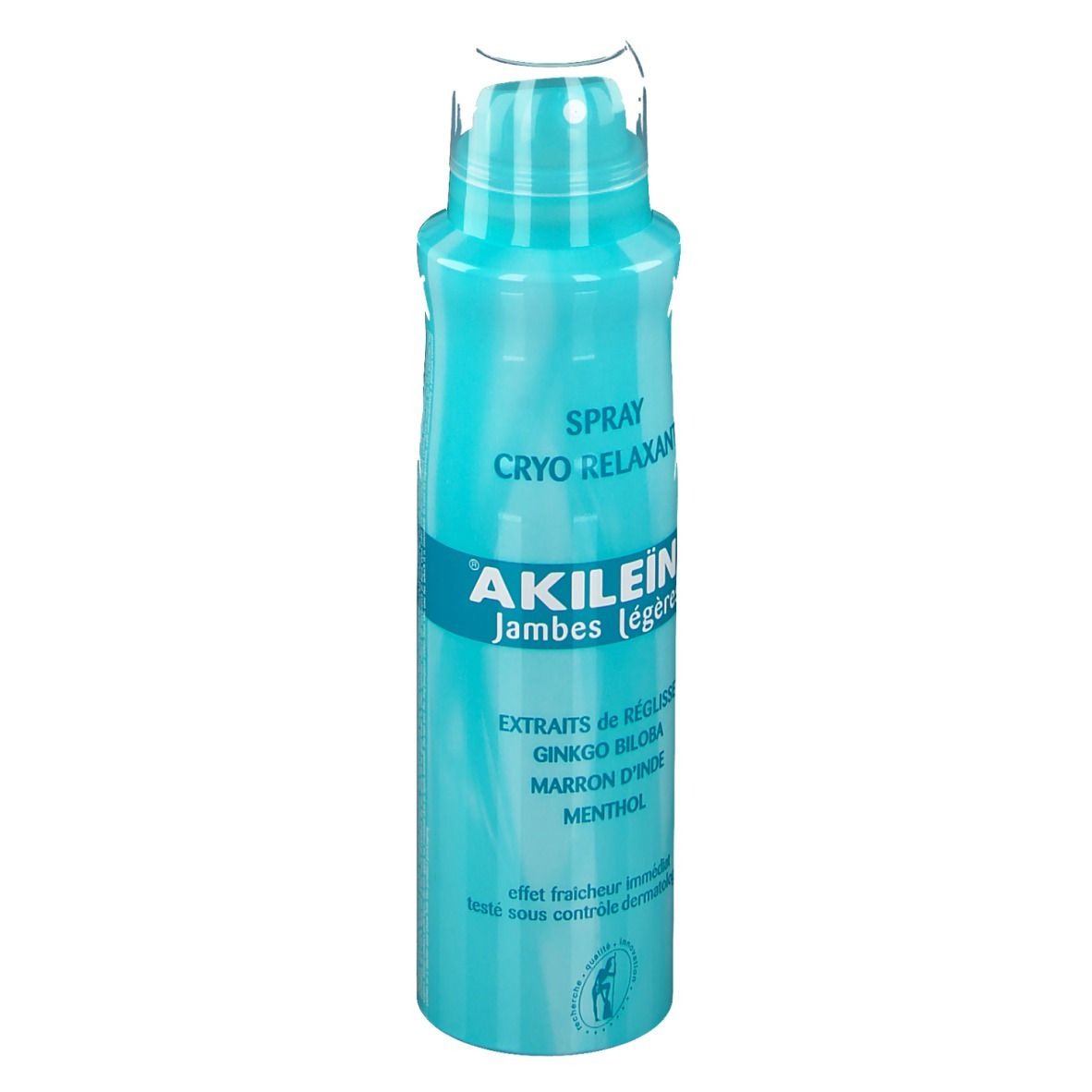Türkisblaue Sprühflasche mit weißem Deckel. Aufschrift: „AKILEINE Jambes légères“. Text: „SPRAY CRYO RELAXANT“ und weitere Texte.