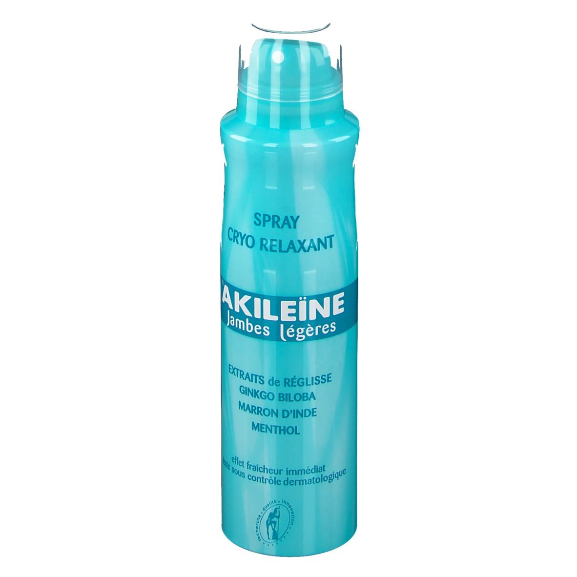Türkisblaue Sprühflasche mit weißem Deckel. Aufschrift: „AKILEINE Jambes légères“. Text: „SPRAY CRYO RELAXANT“ und weitere Texte.